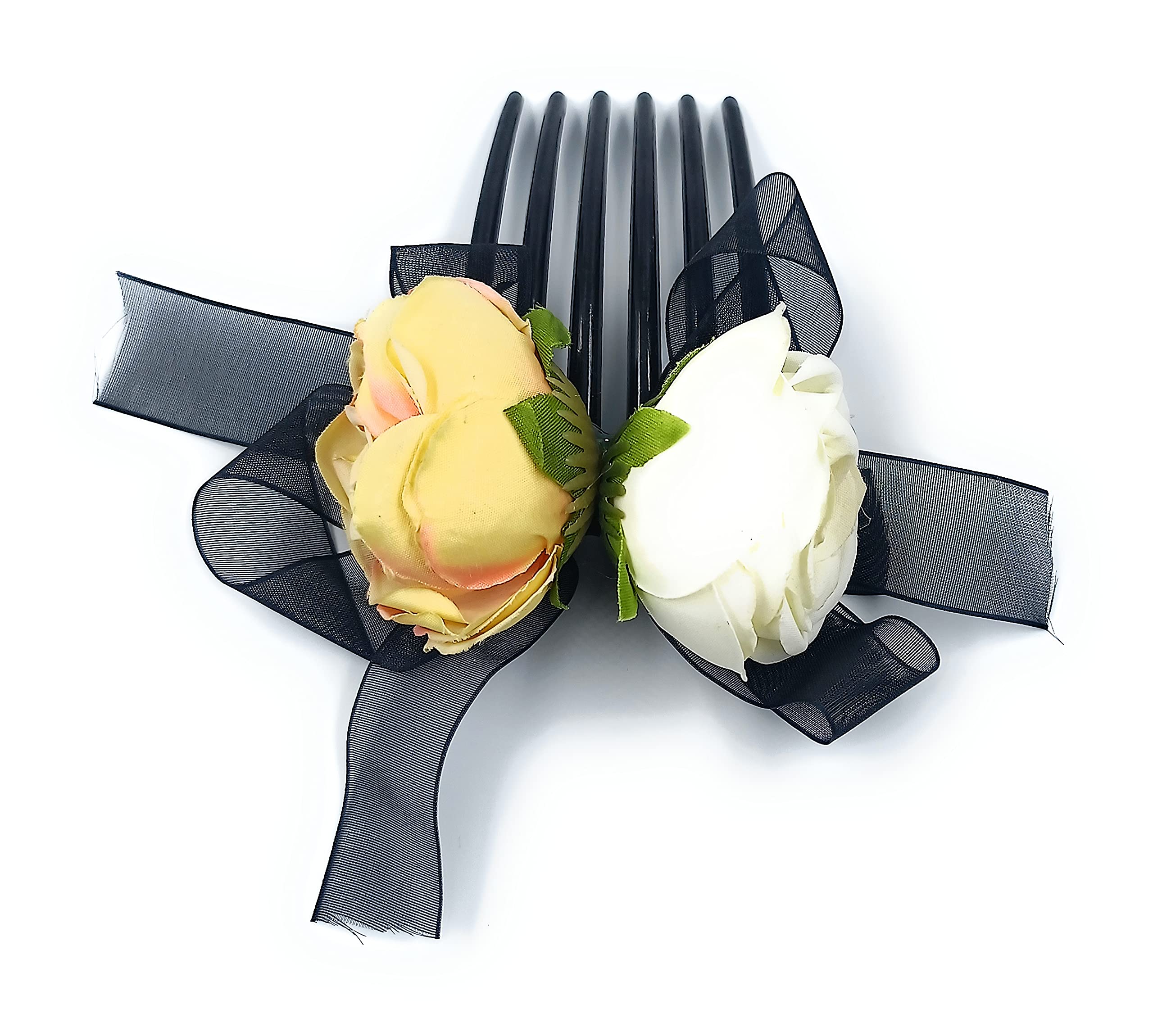 Elegant Satin Rose Hair Comb Clip - Fairy Tale Inspired Hair Accessory for Women & Girls (White/Yellow) | Perfect for Weddings, Proms & Special Occasions
