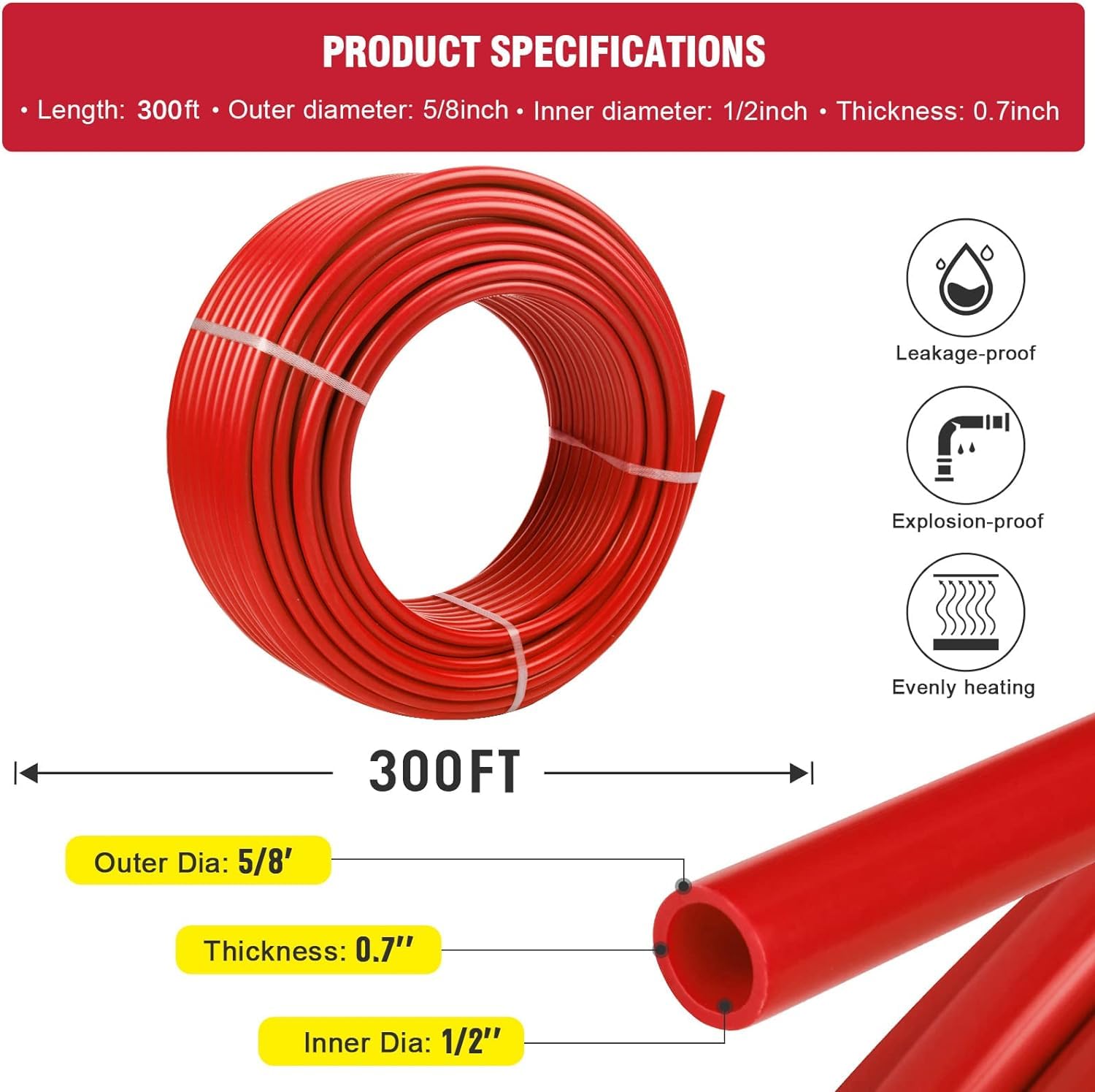 1/2 Inch PEX-B Pipe 300ft Roll - EVOH Oxygen Barrier, Durable & Leak-Proof Flexible Tubing for Residential Water Lines & Radiant Heating Systems - Ideal for Home Plumbing, Hydronic Heating & Underfloor Heating (Red)