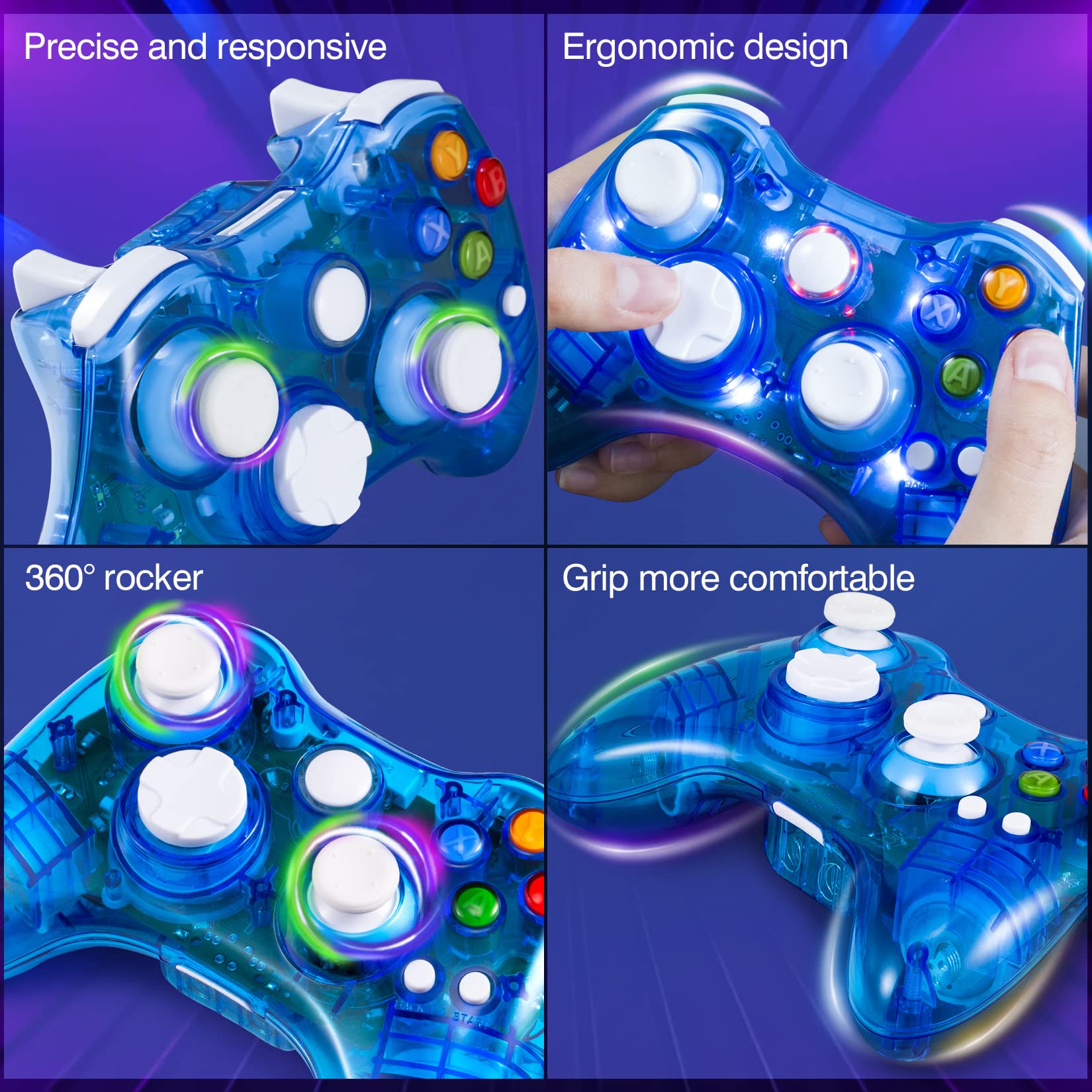 PAWHITS Wireless Xbox 360 Controller - LED Gamepad for Xbox 360 & PC - Enhanced Joystick & Vibration for Gaming (Blue)