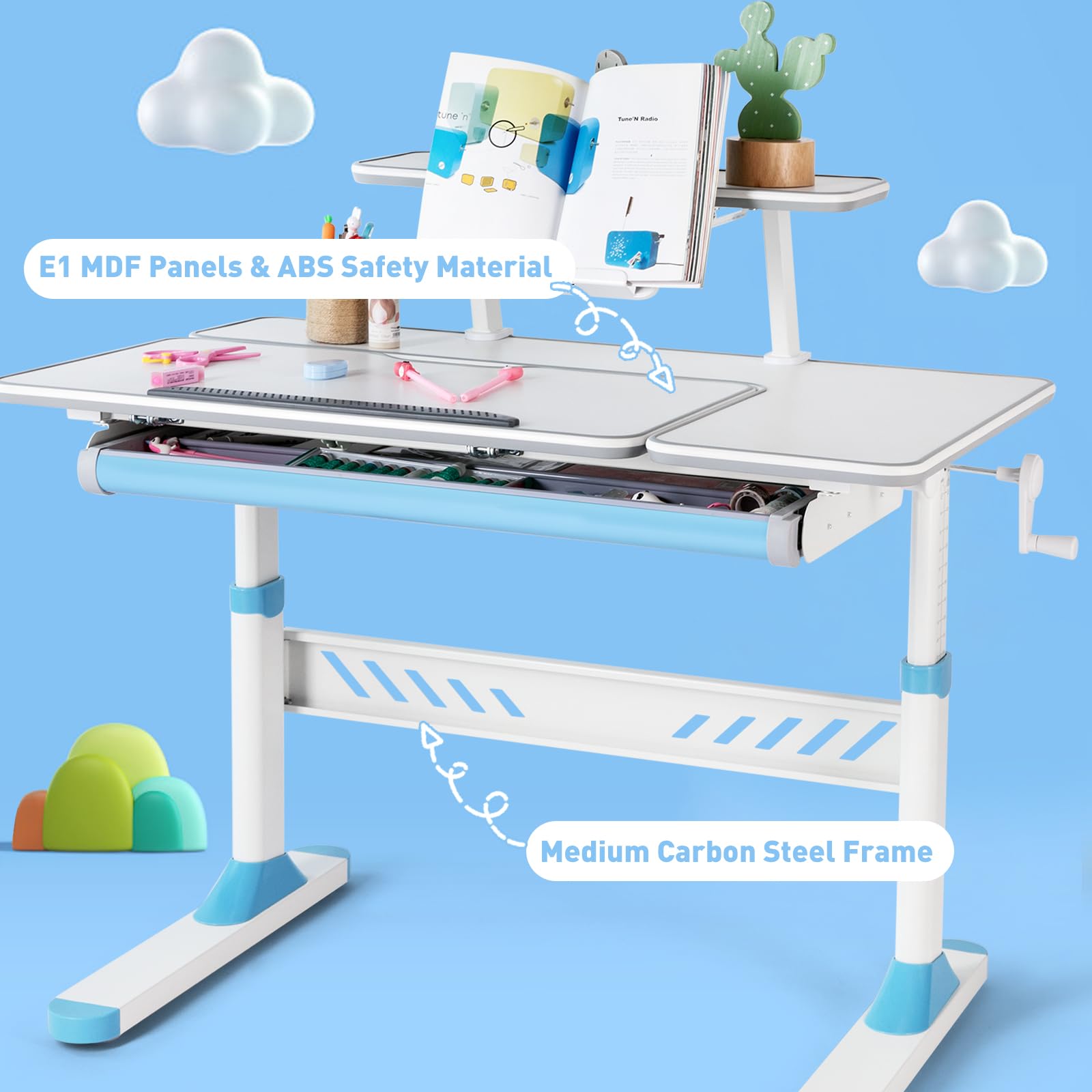 Premium Adjustable Kids Study Desk and Chair Set - Ergonomic School Writing Table with Large Writing Board, Pull-Out Drawer & Bookstand - Blue | Perfect for Homework, Online Learning & Children's Study Room