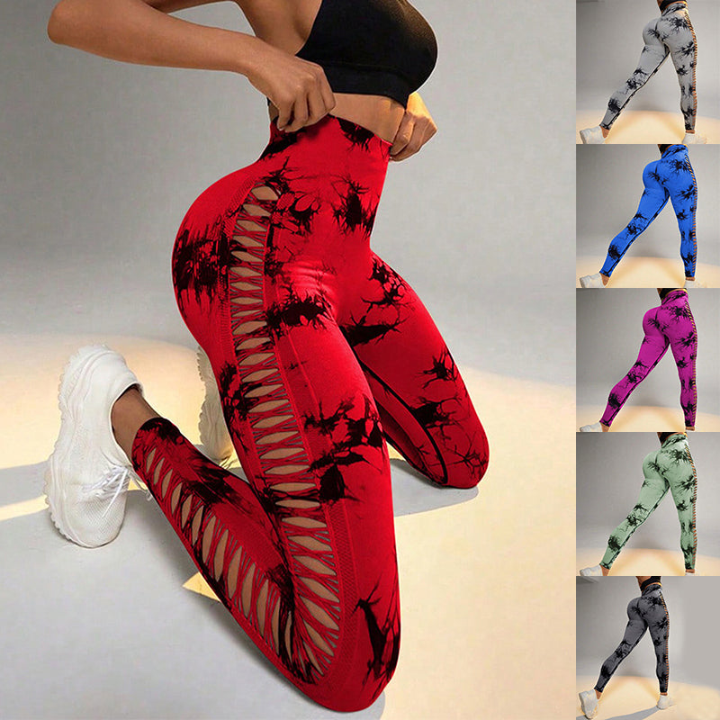 High Waist Hollow Tie-Dye Yoga Pants for Women - Seamless Butt Lifting Workout Leggings, Gym Fitness Running Sports Tights | Perfect for Yoga, Pilates & Lounge Wear