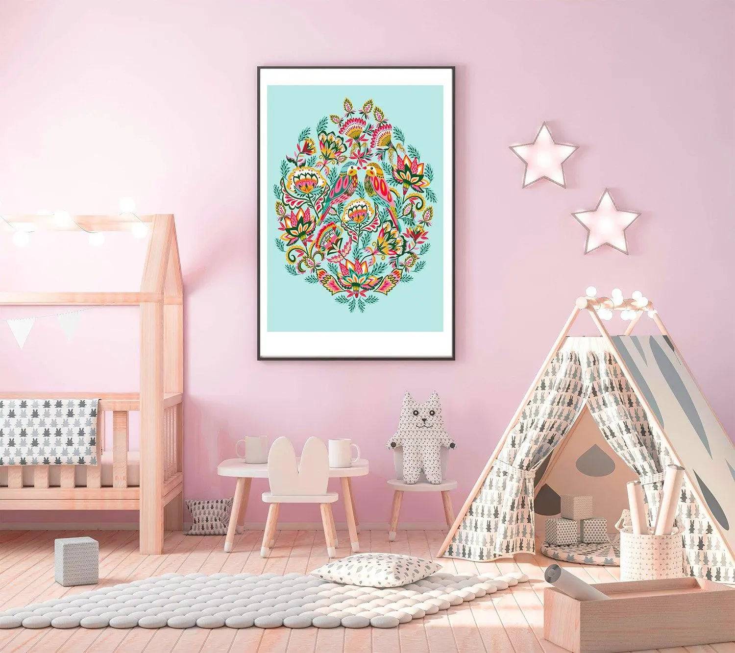 Bejeweled Birds Wall Art Print - Vibrant Acrylic Painting for Home & Office Decor | Perfect for Living Room, Bedroom, or Gift Giving