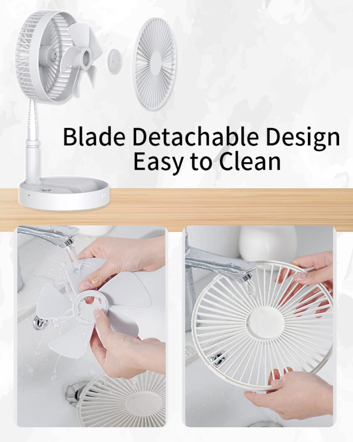 UN UNITEDTIME Portable Desk & Table Fan - Foldable Travel Fan with Remote Control, 4 Speed Settings, Adjustable Height, Battery/USB Powered - Perfect for Office, Home, Bedroom & Travel Use (White)