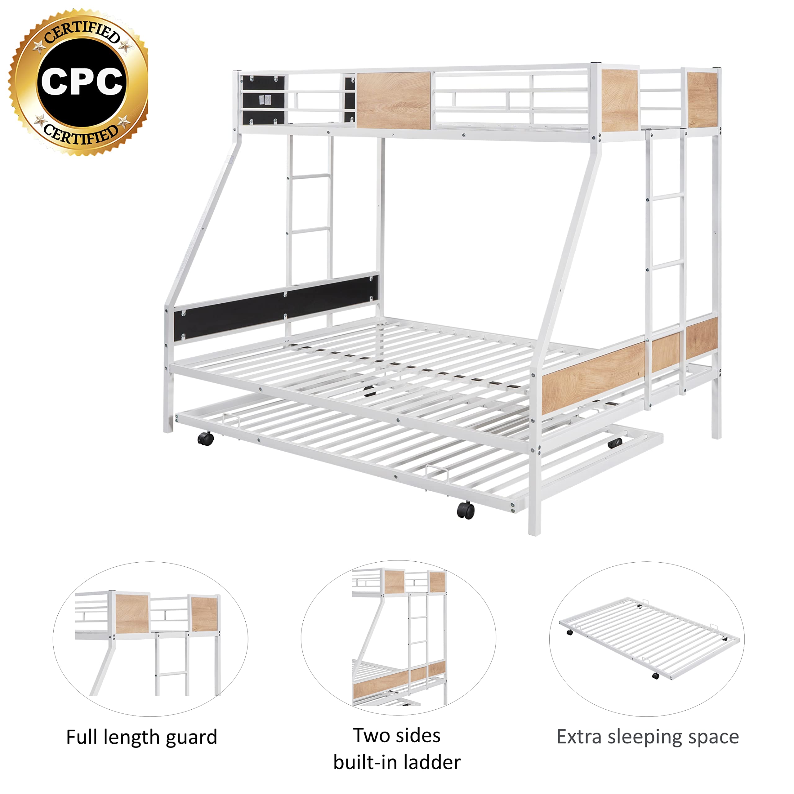 Merax Twin Over Full Bunk Bed with Trundle - Sturdy Steel Bunk Bed Frame with Safety Rail & Ladder - Space-Saving Solution for Kids Bedroom, Dorm Room, Boys & Girls (Light Brown) - Perfect for Small Spaces, Sleepovers & Multi-Child Rooms