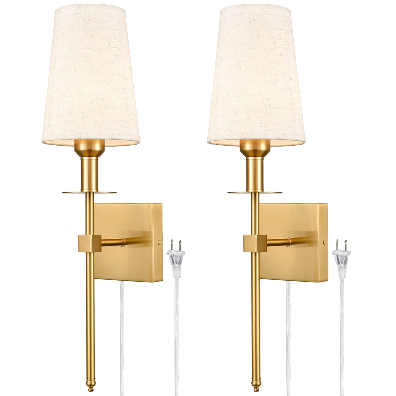 Modern Brass Plug-In Wall Sconces Set of 2 - Gold Wall Lights with Fabric Shade for Bedroom, Hallway, Bathroom & Living Room - Elegant Lighting for Home Decor and Ambient Illumination