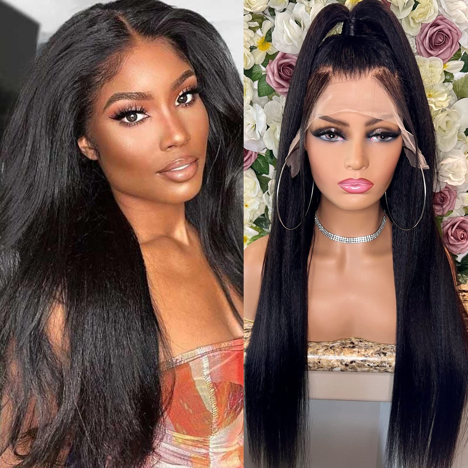 Imeya 16 Inch Yaki Weave Lace Front Wig - 13x6 Straight Human Hair Wig for Black Women | Glueless Italian Yaki Wig with Pre-Plucked Baby Hair & 150% Density | Transparent Lace Front Free Part Wig | Perfect for Daily Wear, Special Occasions & Protective Styling