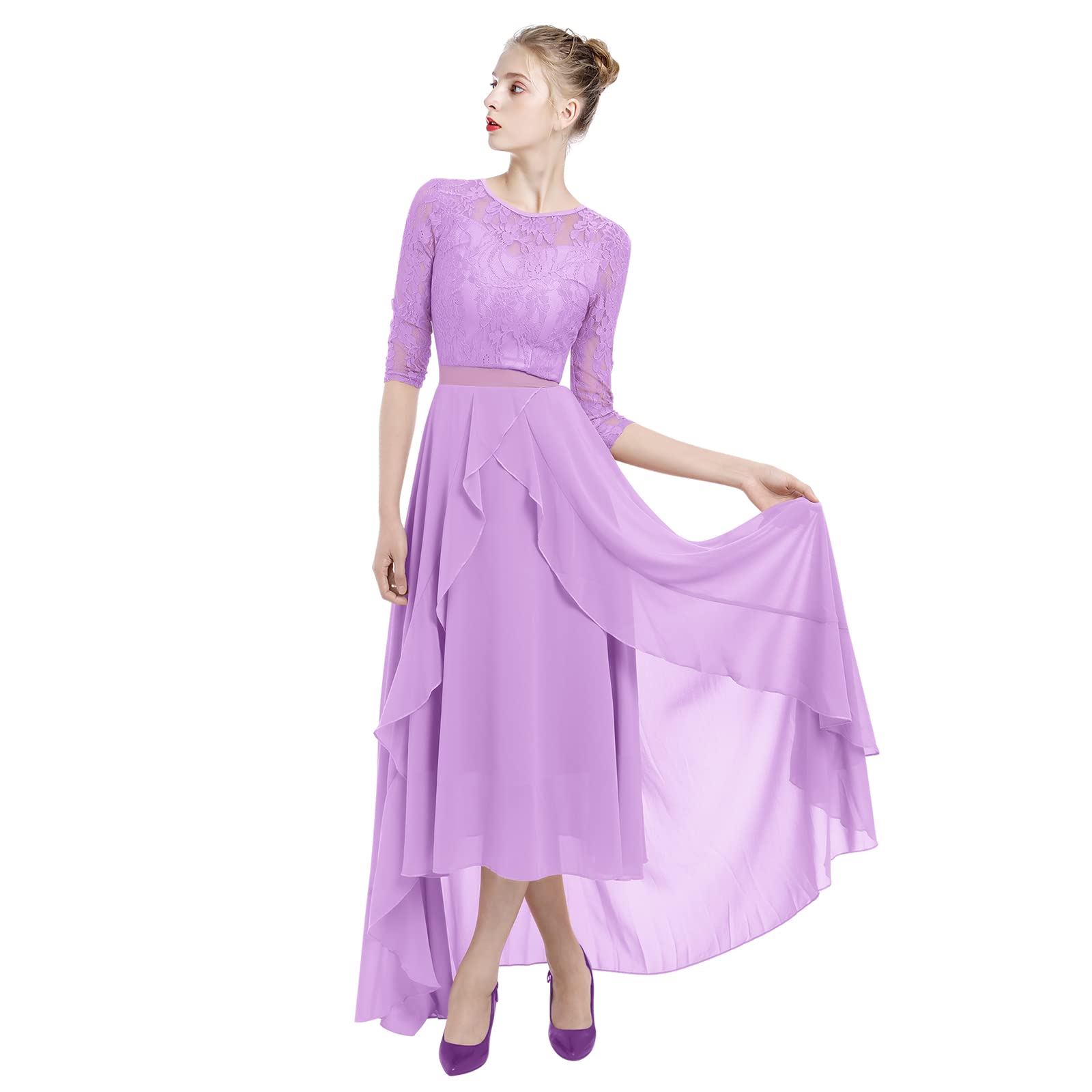 Elegant Chiffon Lace Wedding Dress for Women - Long Evening Gown with 3/4 Sleeves for Prom, Bridal Shower & Formal Occasions