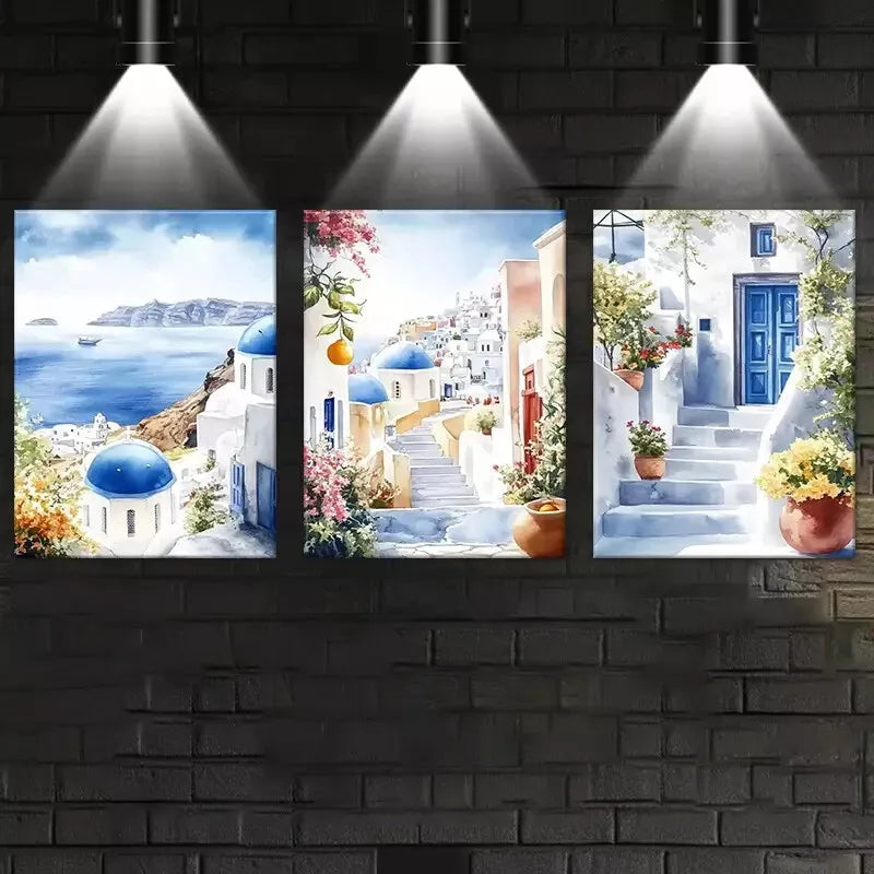 3-Piece Santorini Floral & Lake View Art Set - Framed Canvas 50x70cm - High Quality Print - 100% Australian Made - Ready to Hang Wall Decor for Living Room, Bedroom & Office
