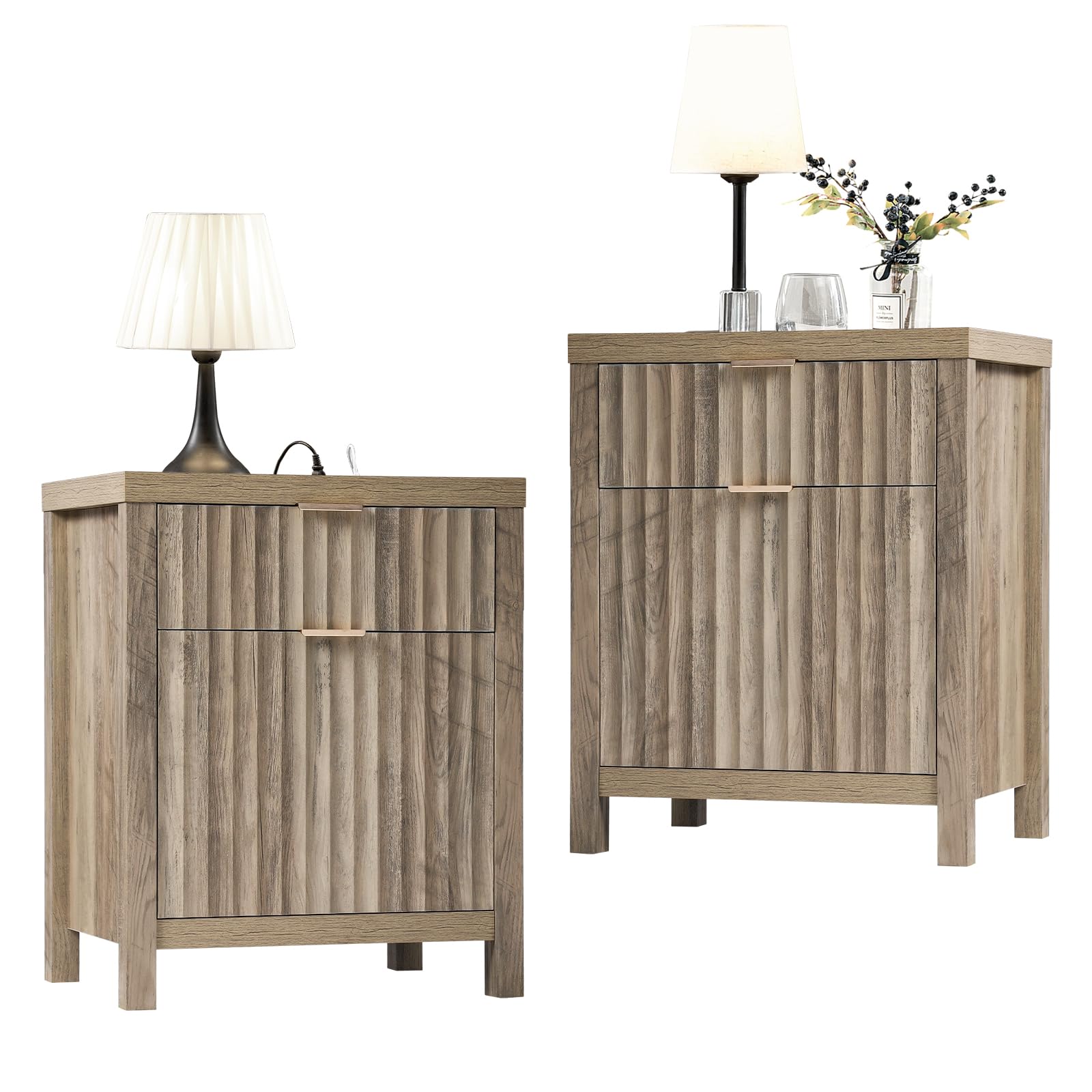 Oxford 2 Drawer Nightstand with USB Charging Station - Fluted Panel Farmhouse End Table - Set of 2 Bedside Sofa Tables in Sunwashed Ash Oak - Perfect for Bedroom, Living Room & Guest Room Decor