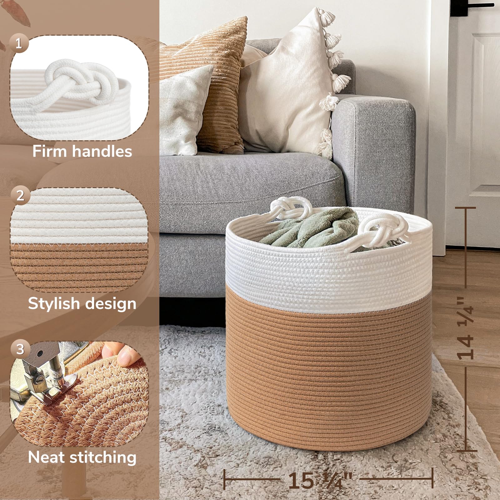 Goodpick Woven Storage Basket - 15 x 14.2 Inch Small Laundry Hamper for Clothes, Toys & Blankets | Natural Wicker Rope Basket for Bedroom, Nursery & Bathroom Organization | Durable Brown Home Decor Storage Solution