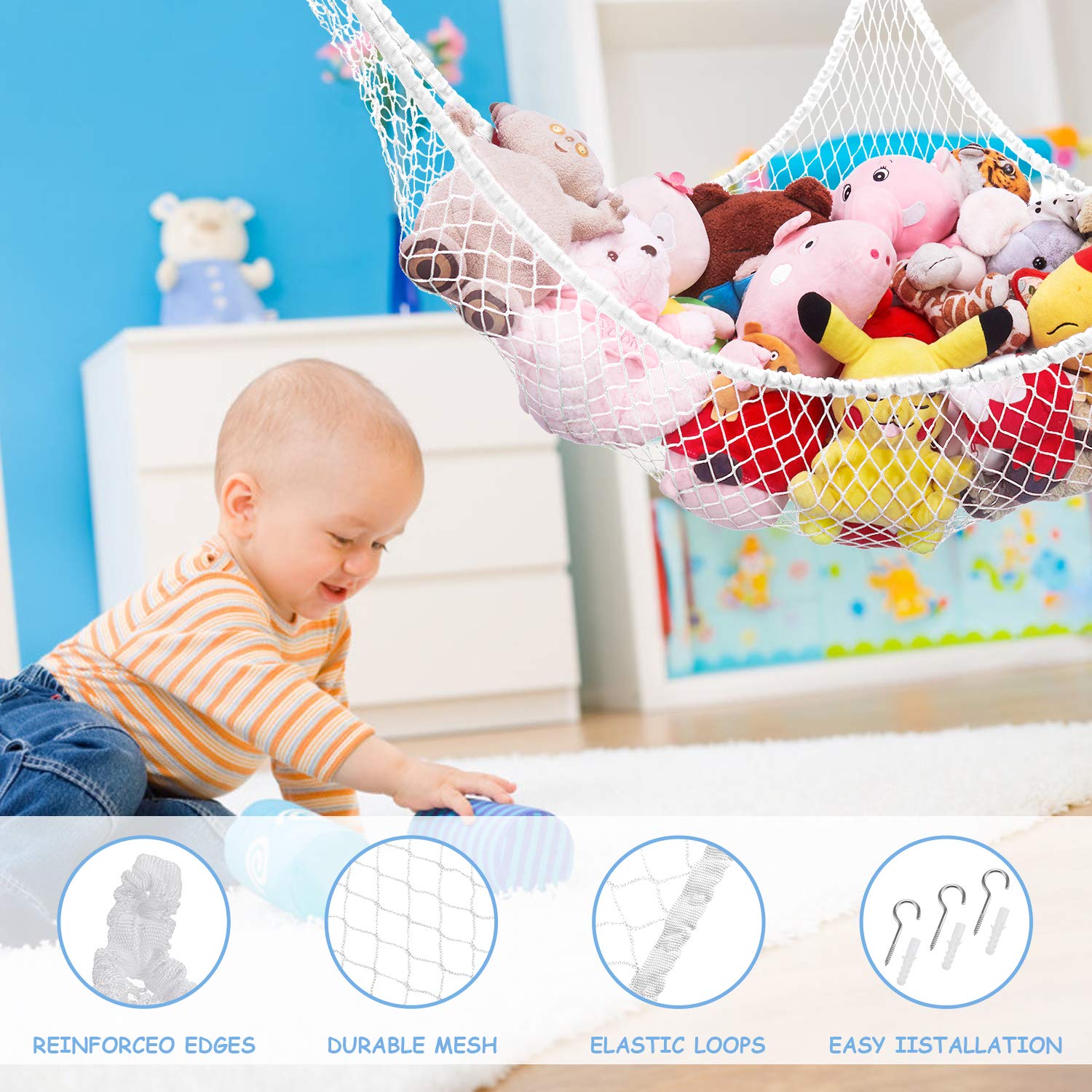 LXUNYI 70-Inch White Mesh Toy Hammock - Stuffed Animal Storage Net Organizer for Kids' Bedroom, Wall Corner, and Playroom - Perfect for Baby Toys, Plushies, and Children's Room Decor