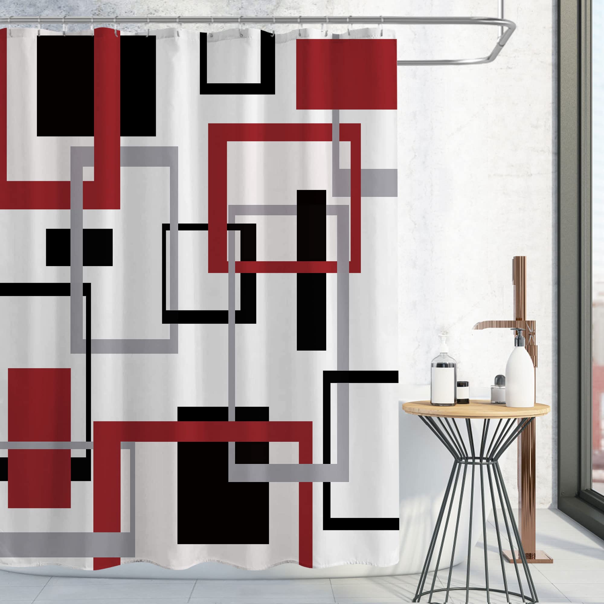 Gibelle Red Shower Curtain Set - Mid Century Modern Geometric Bathroom Decor with Abstract Red Black Grey Square Design, Waterproof Fabric (72x72 inches) - Perfect for Vintage Inspired Bathrooms & Spa-Like Retreats