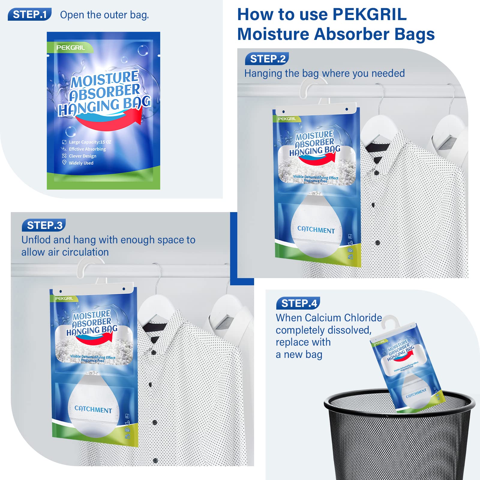 PEKGRIL Moisture Absorber Packets 14-Packs (15 oz Each) - Fragrance Free Hanging Dehumidifier Bags for Closet, Bathroom, Kitchen - 420g/Pack - Ideal for Damp Basements, Laundry Rooms & Storage Areas
