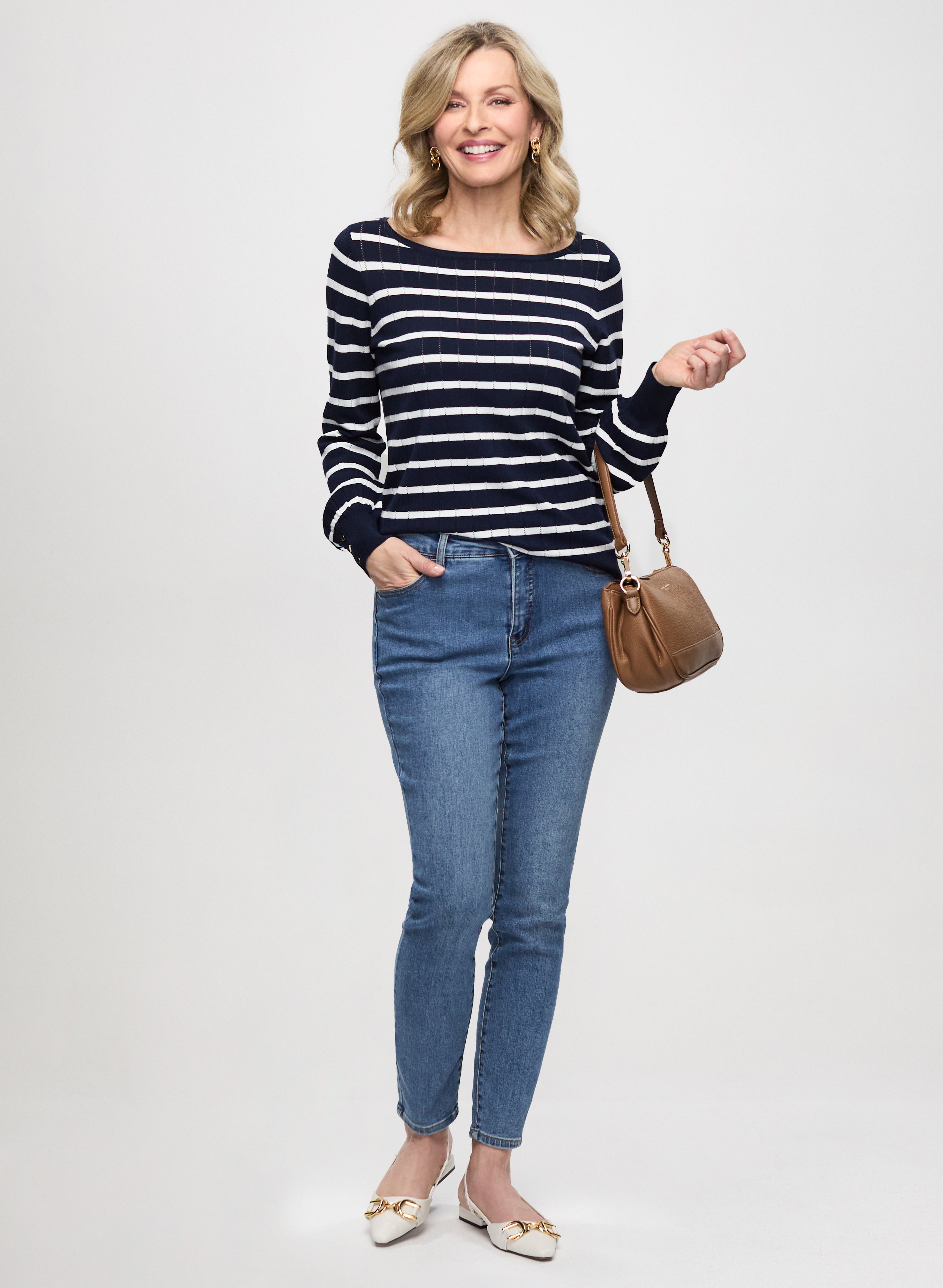 Stylish Striped Sweater with Decorative Buttons & Slim Fit Jeans Set - Perfect for Casual Outings and Office Wear