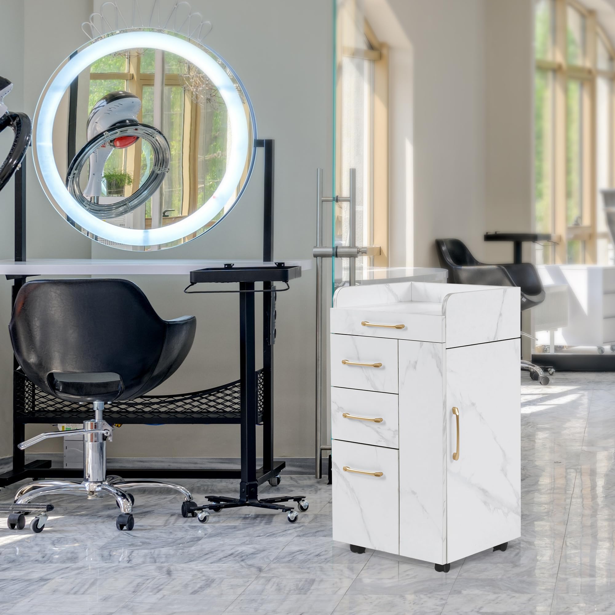 BarberPub Salon Trolley Cart - Professional Hair Styling Rolling Cart with 2 Lockable Wheels, 3 Drawers, 2 Cabinets & 3 Tool Holders - Beauty Salon Organizer & Storage Utility Cart DC2053 (White) - Perfect for Barbershops, Home Salons & Mobile Stylists