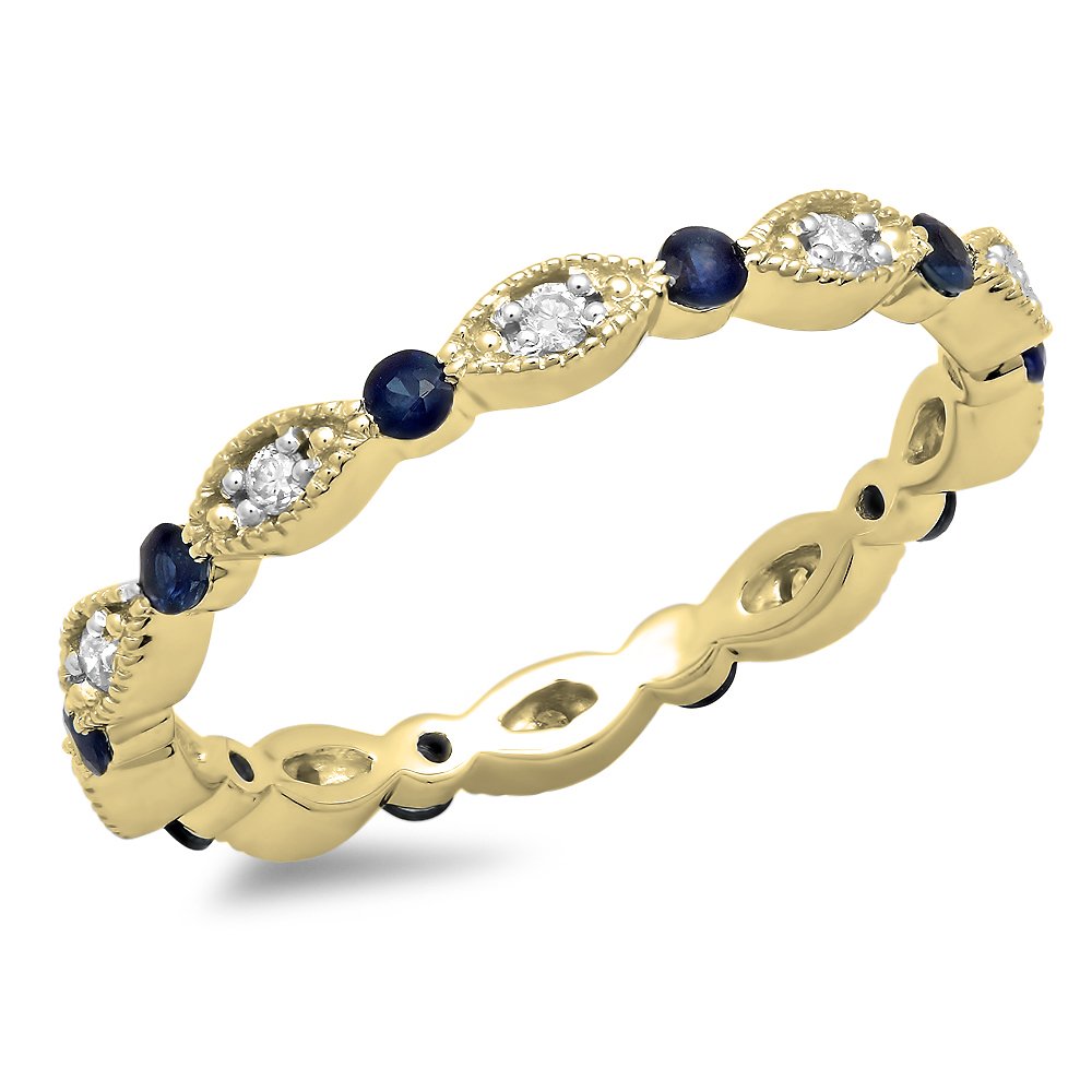 10K Solid Gold Round Blue Sapphire & White Diamond Women's Wedding Eternity Band Stackable Ring - Elegant Bridal Jewelry for Anniversary, Engagement & Stackable Ring Sets