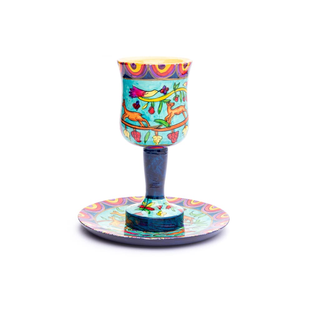 Hand-Painted Wooden Kiddush Cup with Deer Design - Elegant Jewish Ritual Wine Goblet for Shabbat & Holiday Celebrations