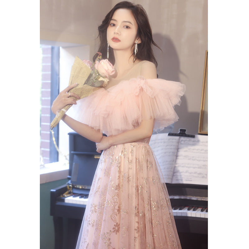 Elegant Off Shoulder Pink Tulle Prom Dress for Women - Sweet Cute Party Gown for Homecoming, Quinceanera, and Formal Events