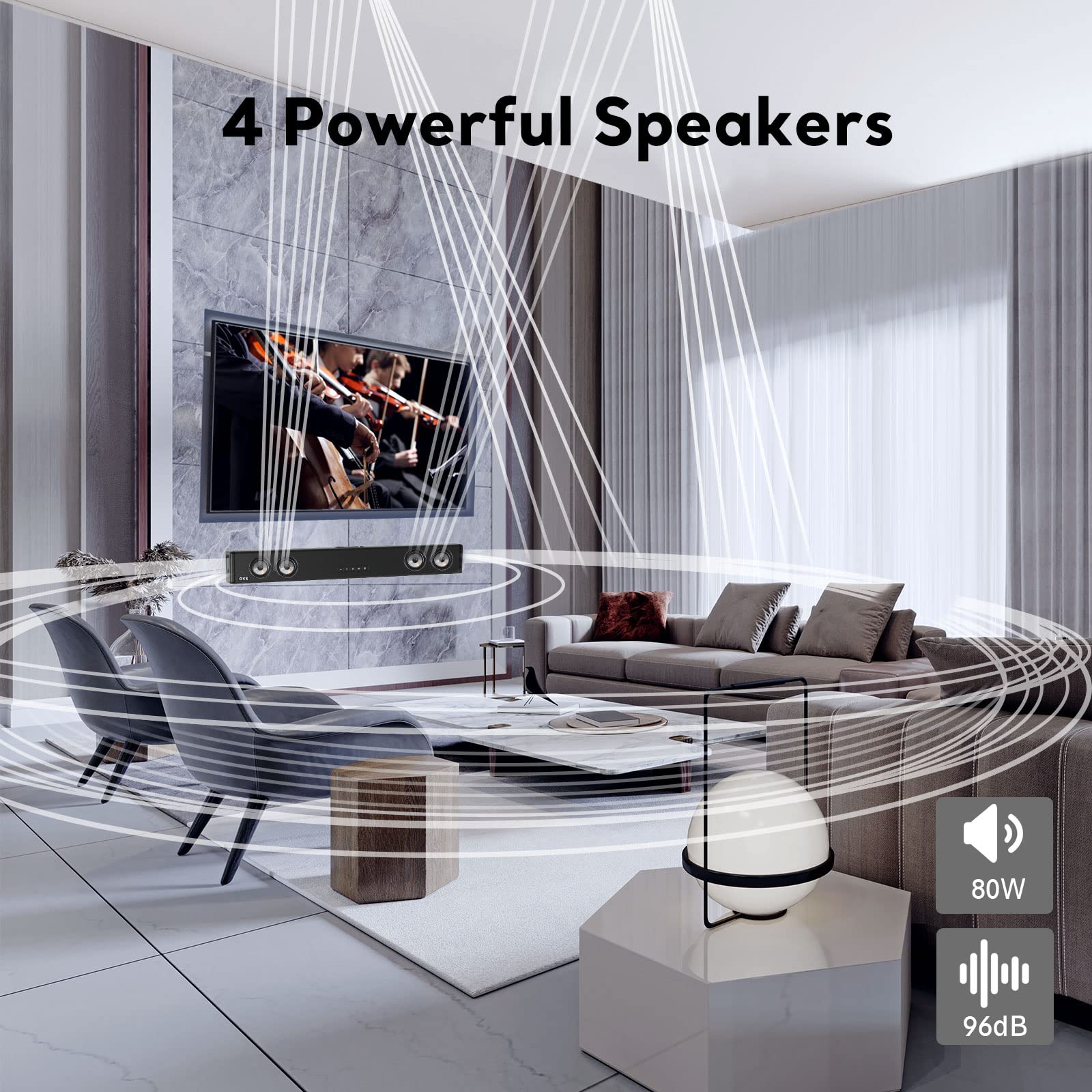 OXS TV Sound Bar with 4 Speakers, 80W Deep Bass Bluetooth 5.0 Soundbar - Compact Home Theater System with 3D Surround Stereo, Easy Setup & Mounting Kit - Perfect for Living Room, Bedroom & Gaming Setup