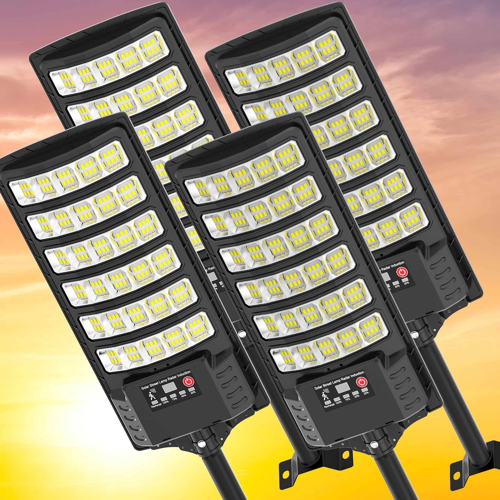 High Power 25000LM Solar Street Lights Outdoor Waterproof - 320° Wide Angle LED Flood Light with Motion Sensor & Remote Control - Ideal for Streets, Courtyards, Parking Garages (4-Pack) - Perfect for Energy-Efficient Outdoor Lighting & Security