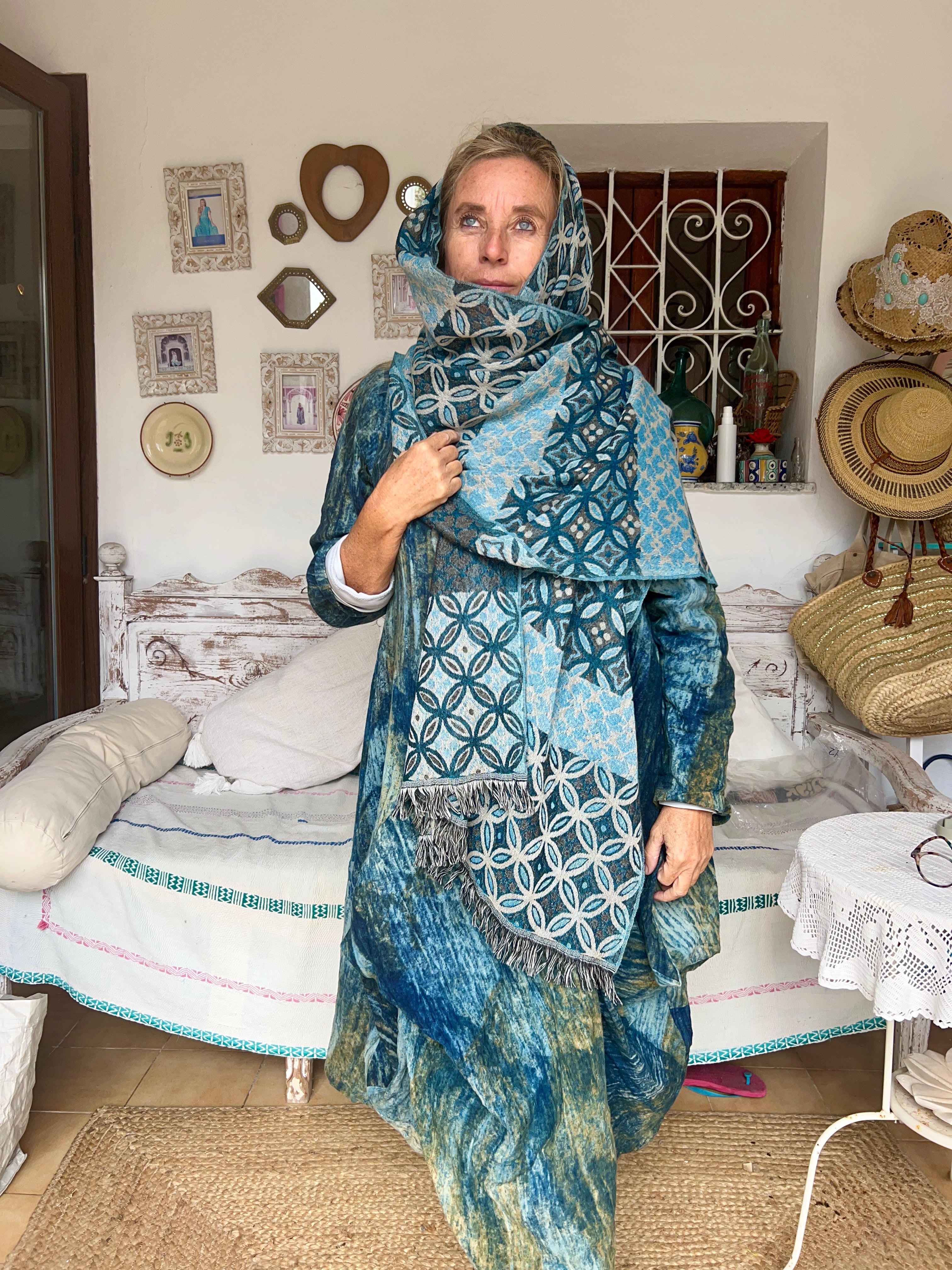 Soft Merino Wool Shawl in Ibiza Blue - Abstract Pattern Design - Perfect for Travel, Winter Warmth & Fashion Accessories
