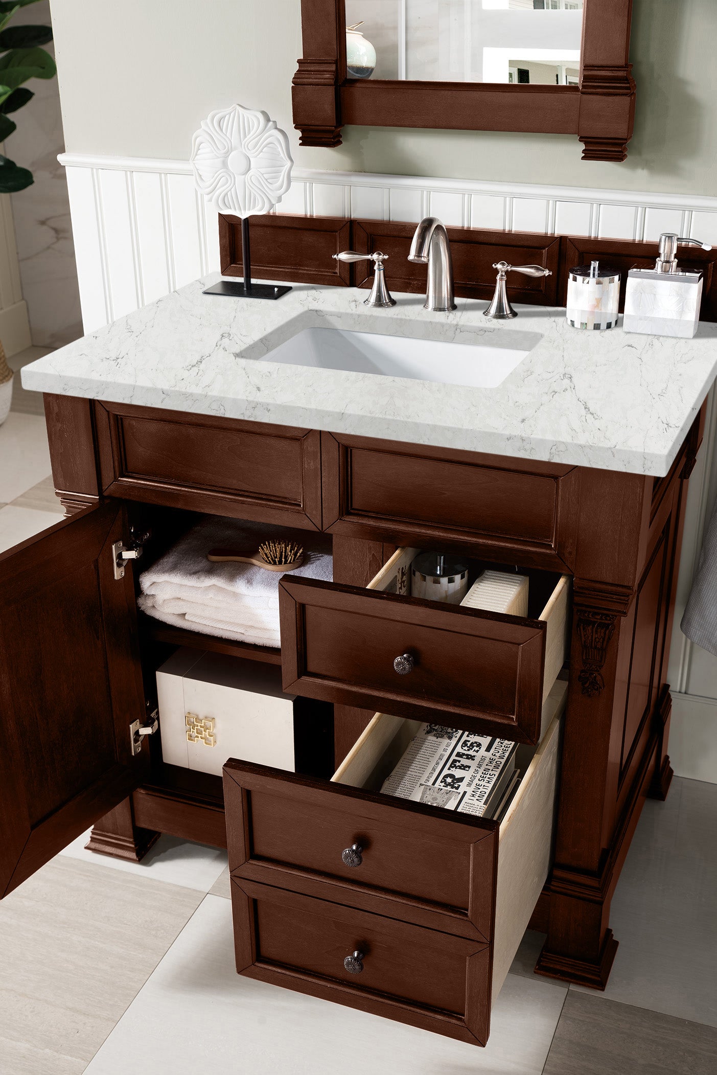 Brookfield 36 Inch Single Bathroom Vanity with Warm Cherry Finish & 3CM Eternal Jasmine Pearl Quartz Countertop | Modern Bathroom Furniture for Small Spaces & Master Baths