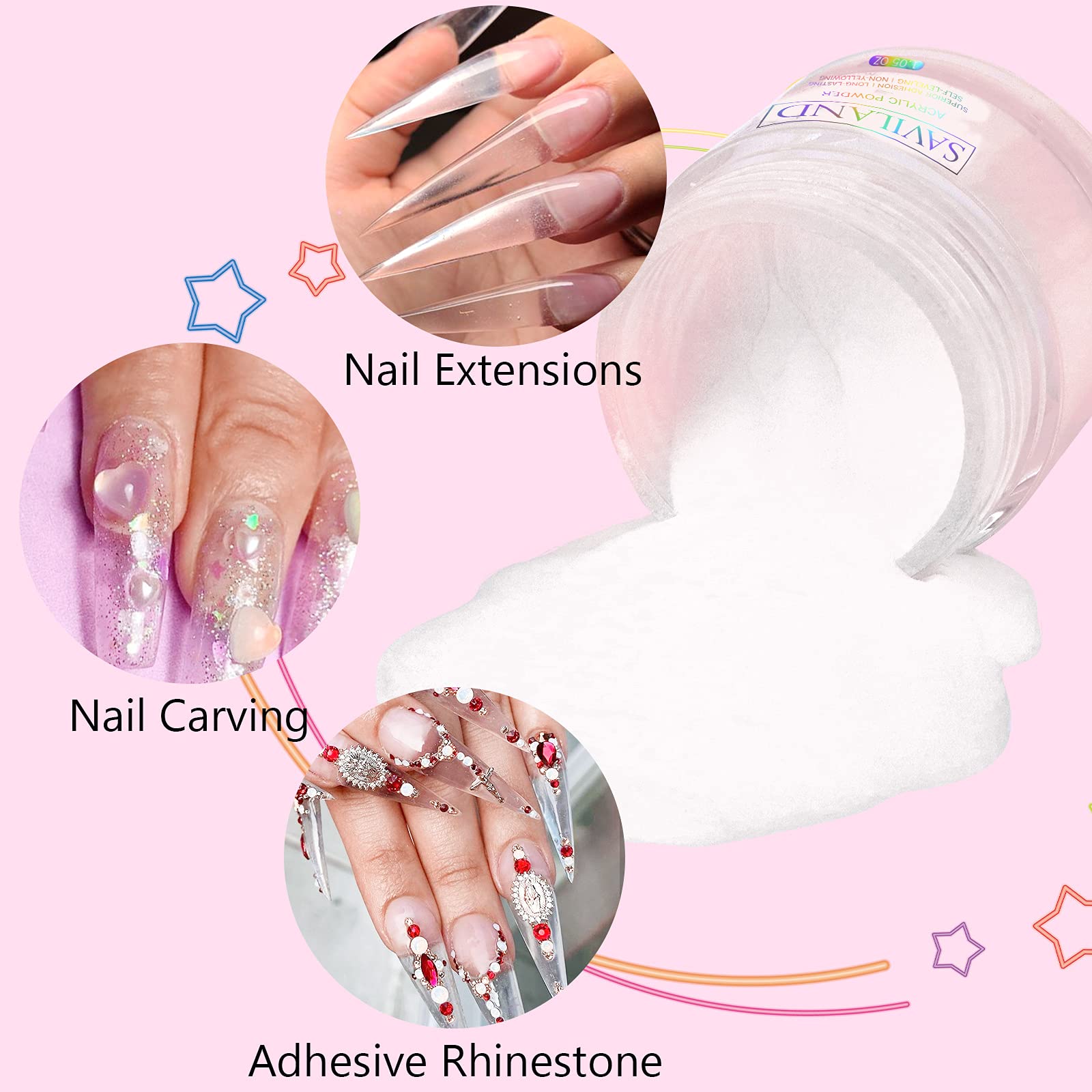 Saviland Clear Acrylic Powder 30g - Professional Nail Extension Powder for Strong & Durable Acrylic Nails | 3D Nail Art Polymer Powder | No UV Lamp Needed | Perfect for Salon, DIY Manicures & Nail Art Designs