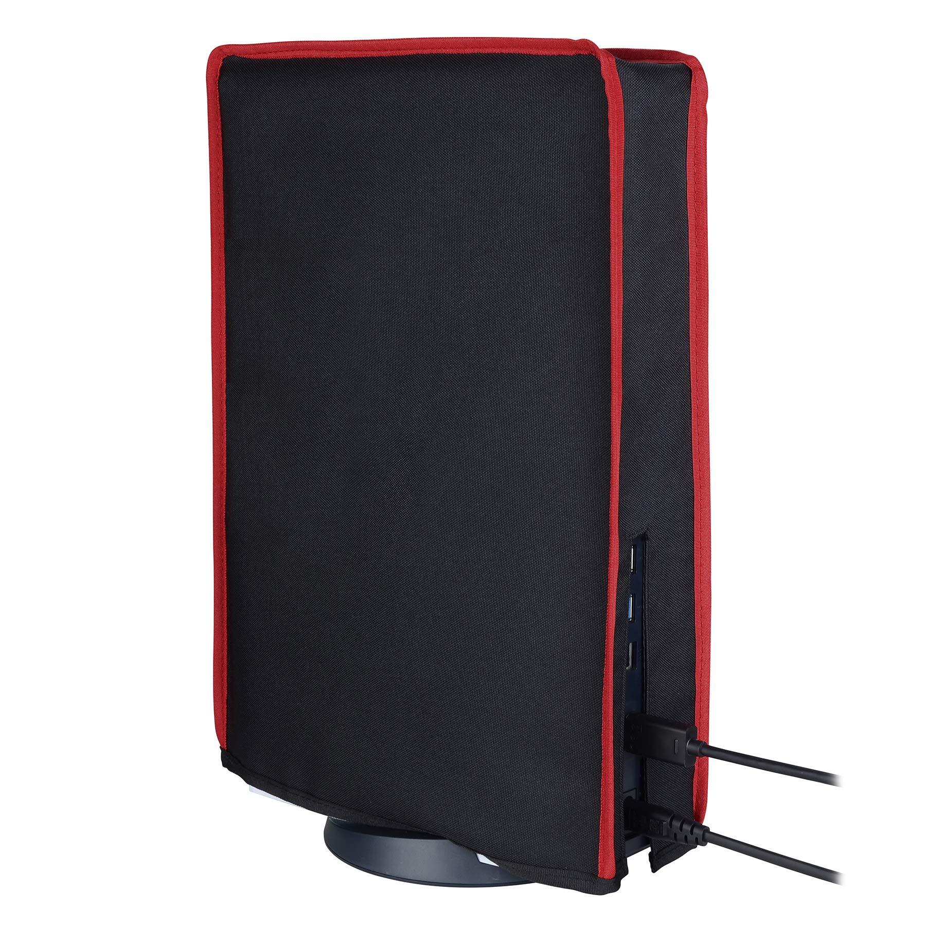PlayVital Black Nylon Dust Cover for PS5 Console - Soft Anti-Scratch Waterproof Sleeve for PS5 Digital & Disc Edition with Red Trim | Perfect for Home Entertainment Setup & Gaming Station Protection