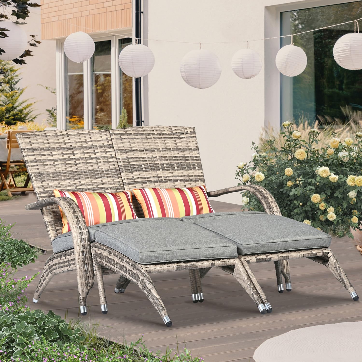 Outdoor Patio Wicker Loveseat Bench - Grey Rattan Double Adirondack Chairs with Ottoman Cushion, Comfortable Deep Seating High Back Fire Pit Chairs for Balcony, Garden, Backyard & Poolside Relaxation