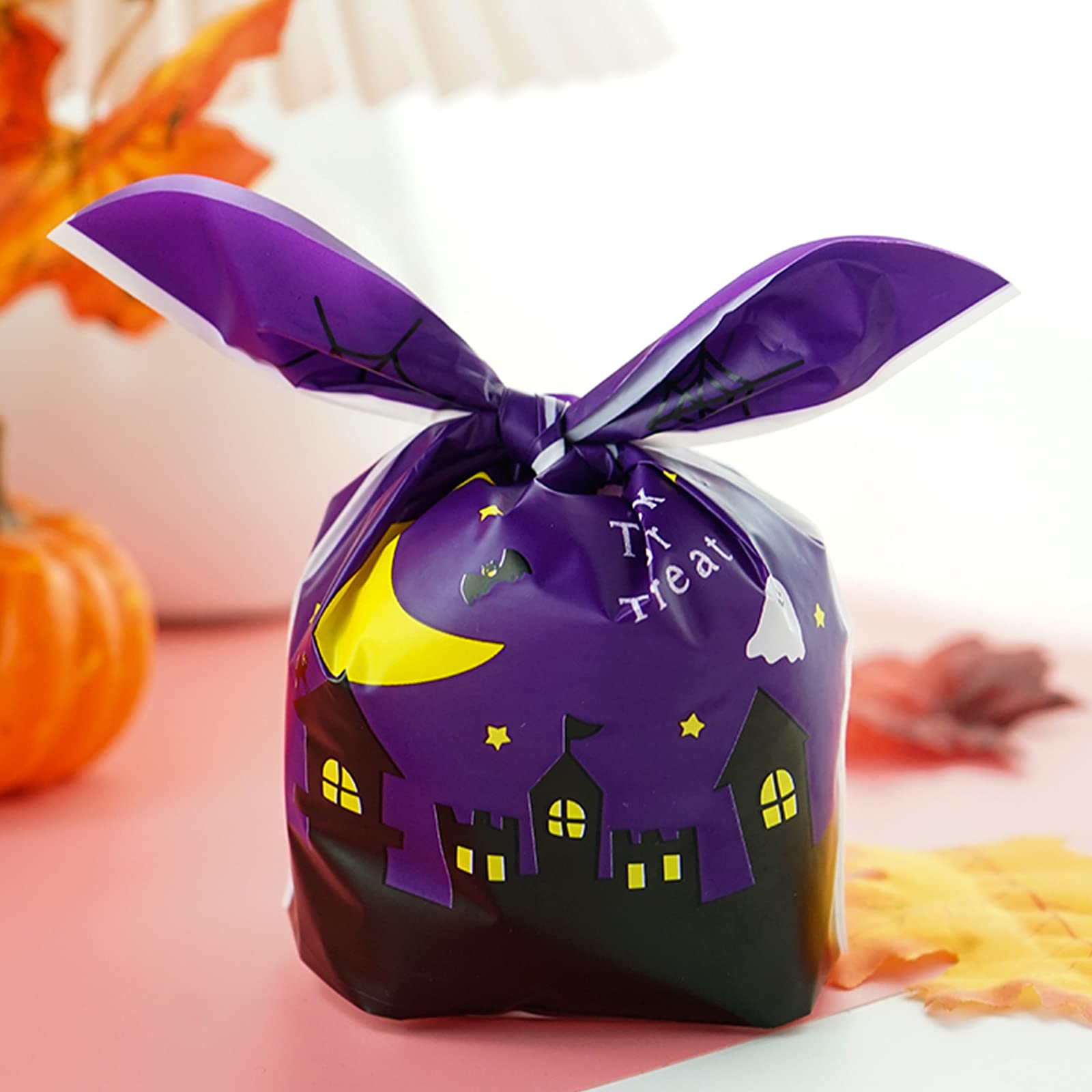 Hikkcos 100 PCS Halloween Treat Bags - Drawstring Candy Party Favor Bags for Kids, Halloween Goodie Bags for Chocolate, Cookies & Snacks - Perfect for Trick or Treat, Classroom Parties & Halloween Decorations