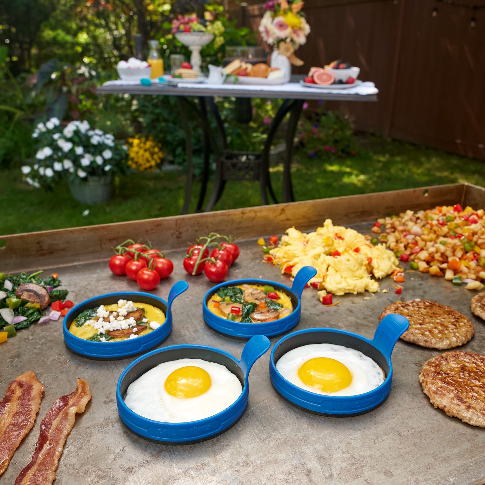 RAZOR 4-Piece Breakfast Kit for Griddle - Pancake Batter Dispenser, 2 Silicone Egg Rings & Cast Iron Griddle Press | Perfect for Camping, RV Trips & Outdoor Cooking | Non-Stick & Durable Cooking Accessories