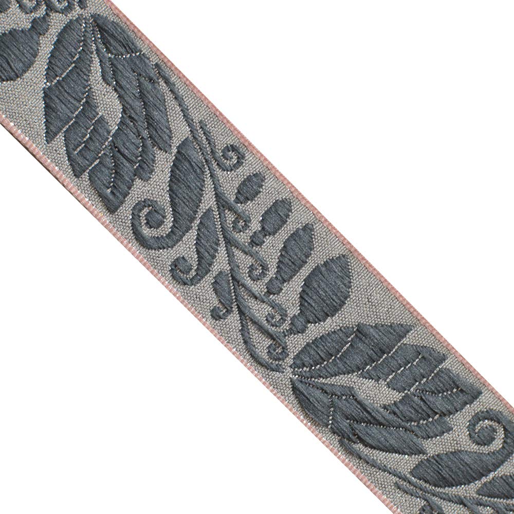 JL 385 Jacquard Metallic Silver Grey Floral Vine Ribbon with Light Pink Woven Edges - 1-3/16