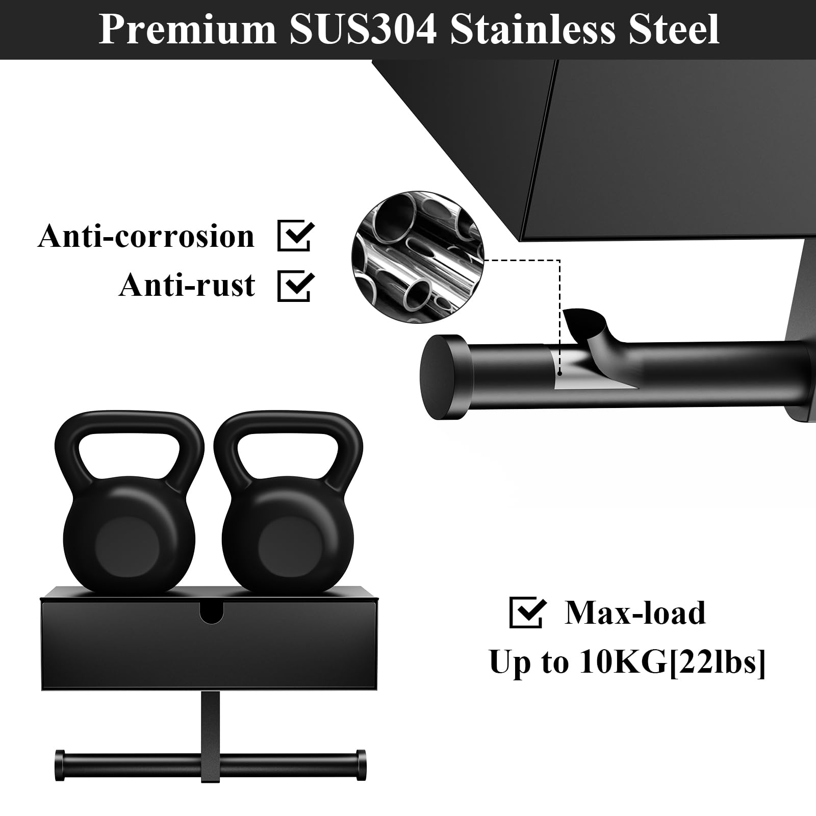 Stainless Steel Wall Mounted Toilet Paper Holder with Storage Shelf & Tampon Holder - Double Roll Bathroom Tissue Dispenser, Black - Perfect for Small Bathrooms, Powder Rooms & RVs