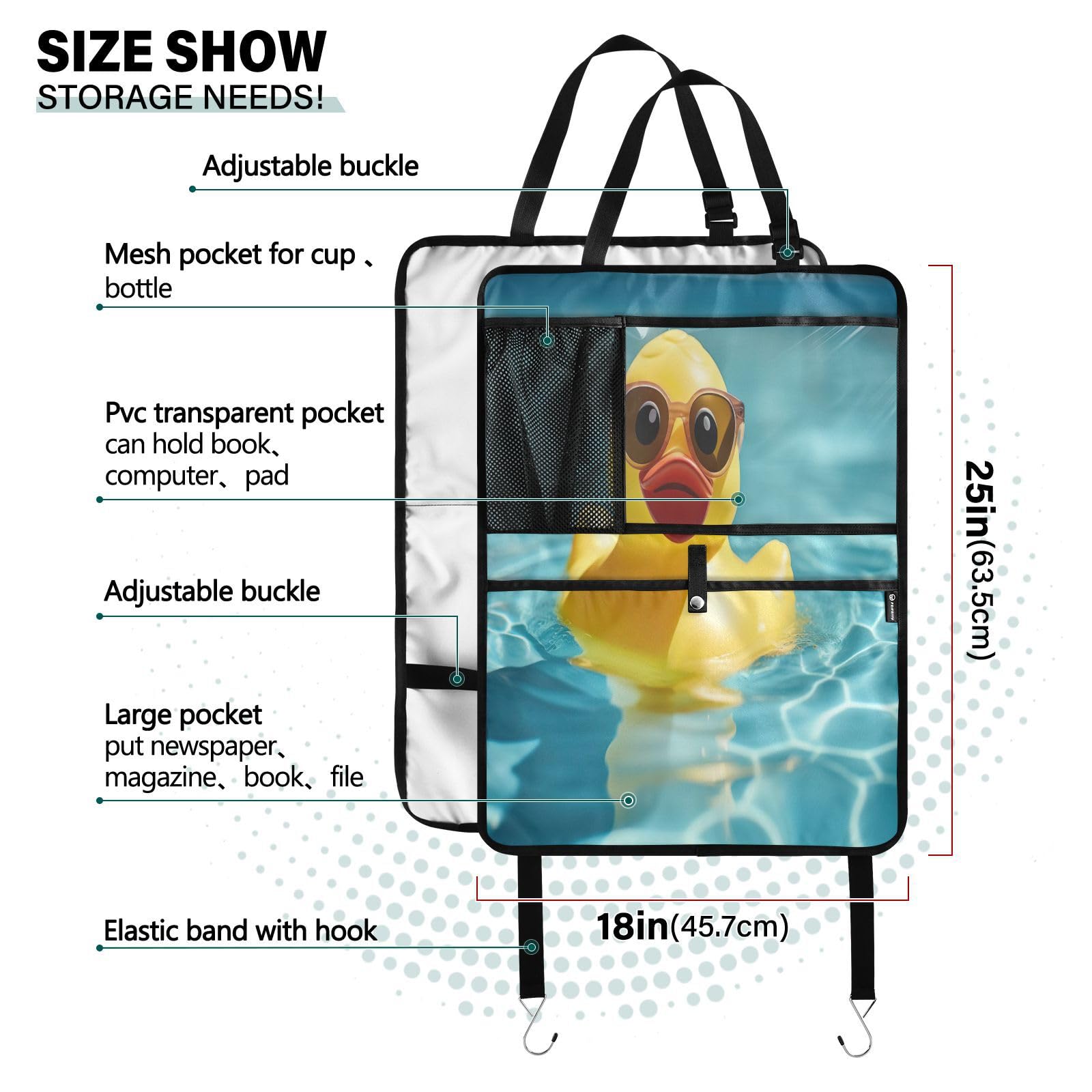 Stylish Rubber Duck with Sunglasses Car Seat Protector - Waterproof Back Seat Organizer with Storage Pockets, Anti-Slip Kick Mats for Kids - Perfect for Family Road Trips & Child Safety