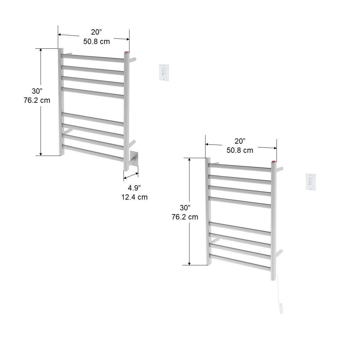 Prima Dual Extended 8 Bar Hardwired & Plug-in Electric Towel Warmer - Brushed Stainless Steel with Wall Timer - Perfect for Bathrooms, Spas & Luxury Hotels