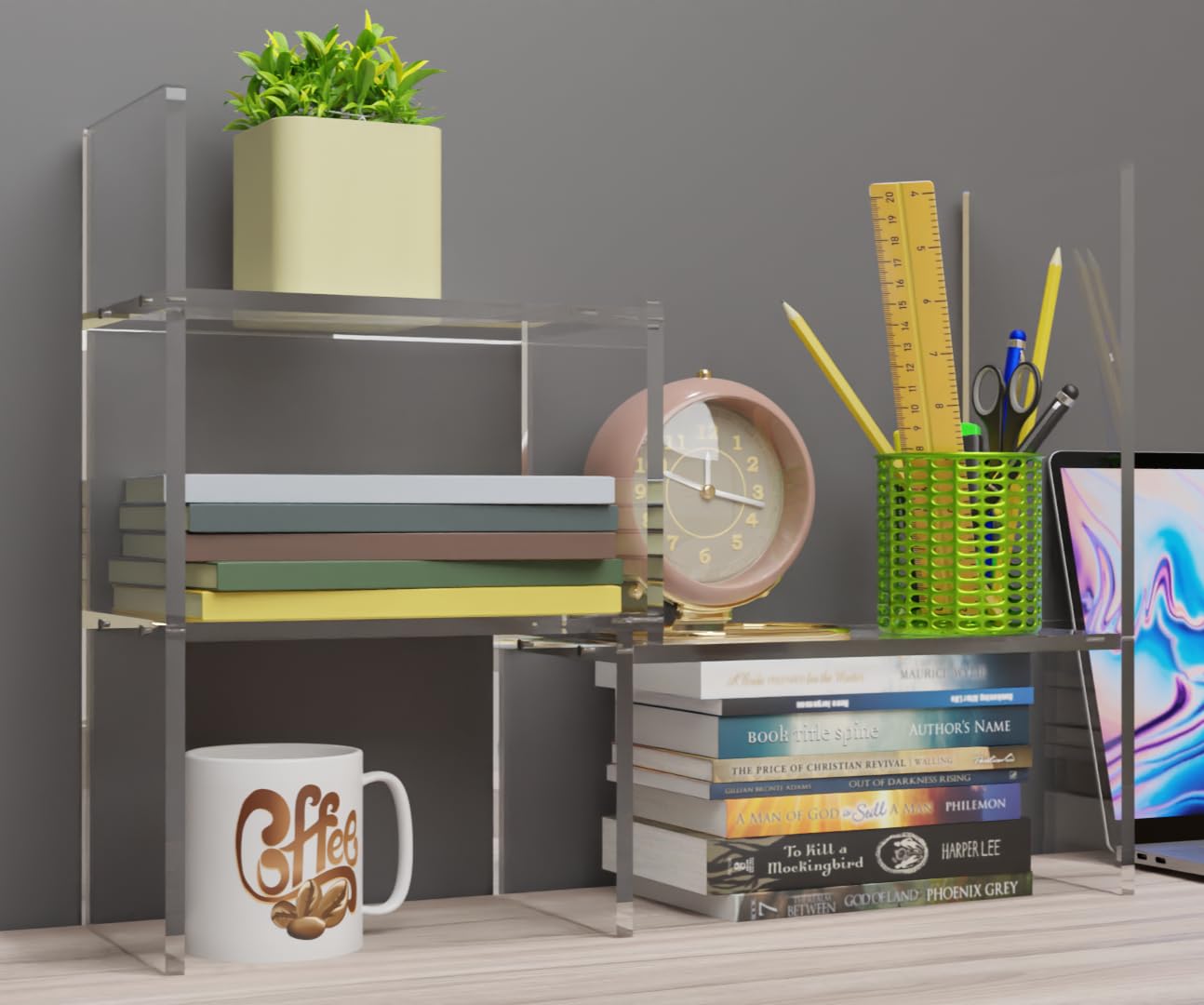 Adjustable Acrylic Desk Shelf Organizer - Clear Desktop Bookshelf for Office, Study & Home - Premium Tabletop Storage Solution for Books, Supplies & Decor