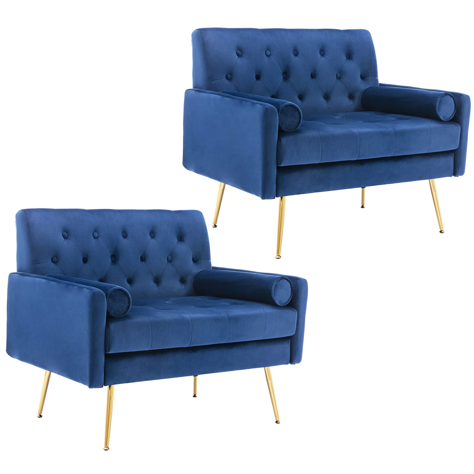 Mid Century Modern Velvet Accent Armchair Set of 2 - Tufted Upholstered Lounge Chairs with Gold Metal Legs for Living Room, Office & Small Spaces - Blue Velvet Sofa Chairs Perfect for Reading Nook, Studio Apartment & Cozy Corner Decor