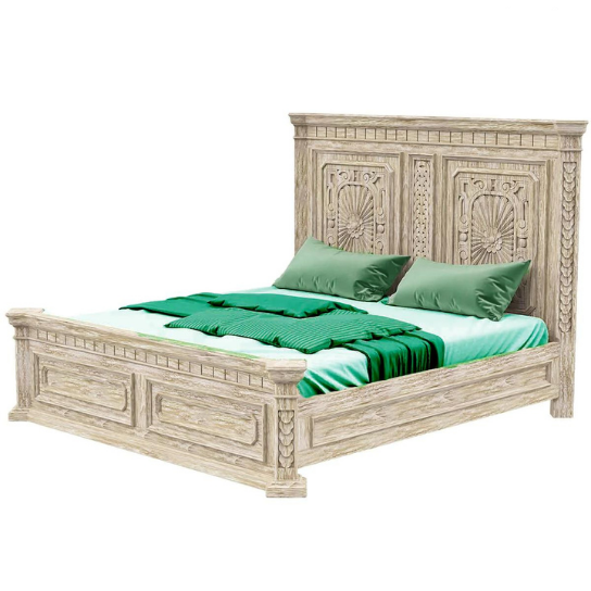 French Provincial Solid Wood Bed - Rustic White Wash Finish - King Size 108