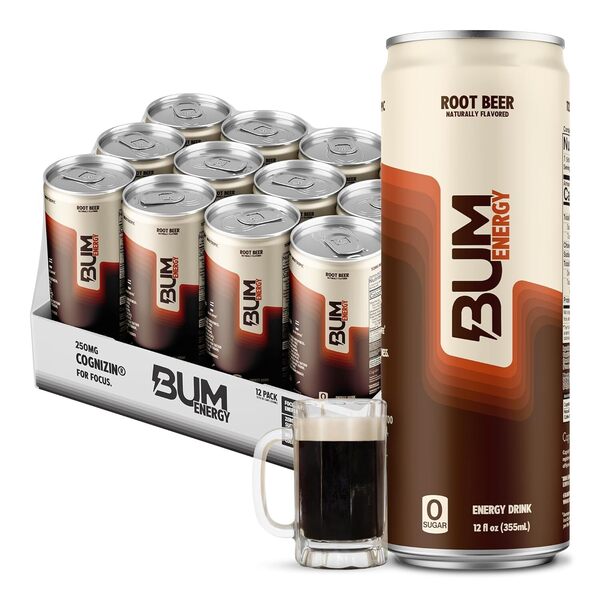 Sugar-Free Bum Energy Drinks - 12 Pack (355ml Each) | Low-Calorie Caffeine Boost for Workouts, Gaming & All-Nighters