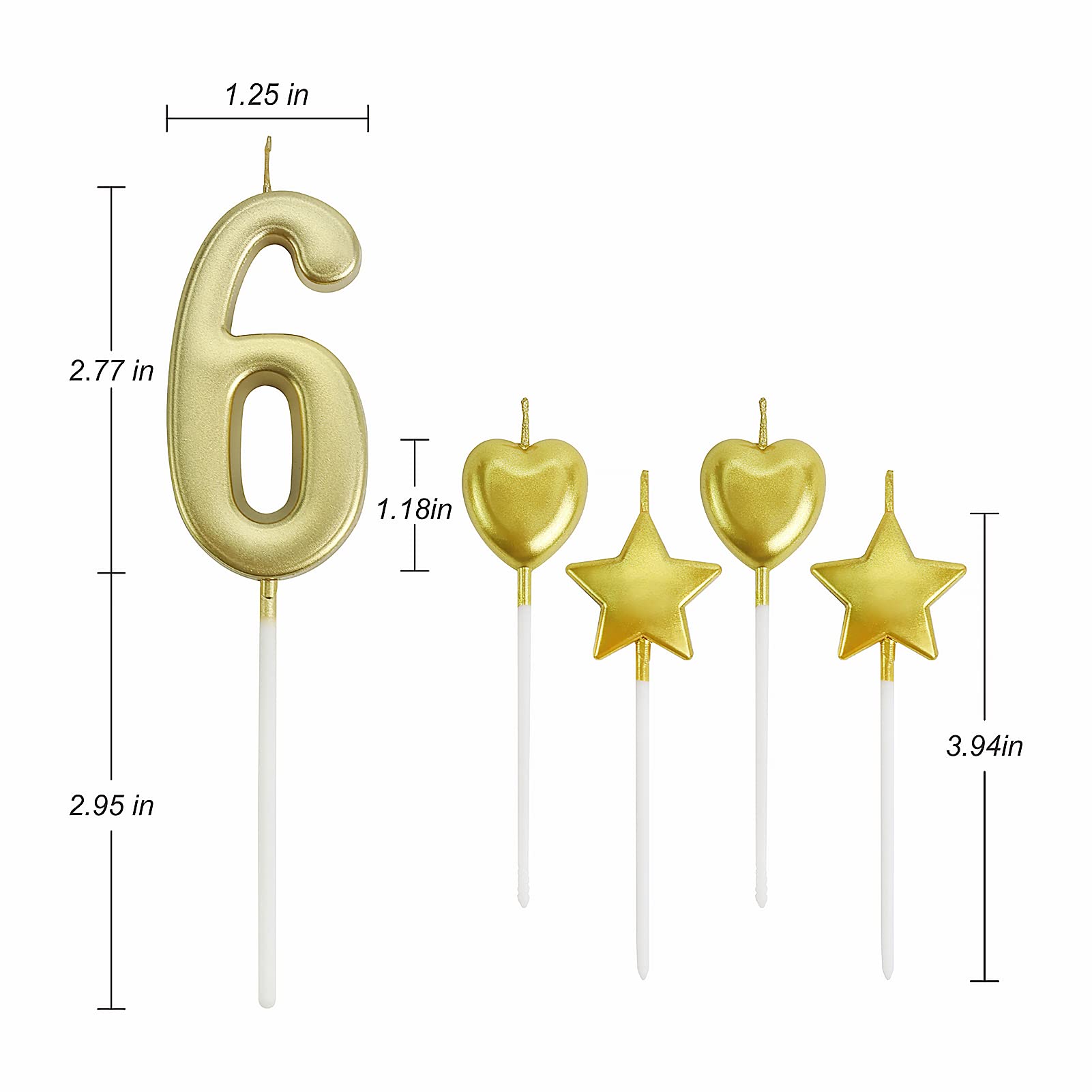 6 Gold Birthday Candles for Cake - Kids & Adults Party Decor