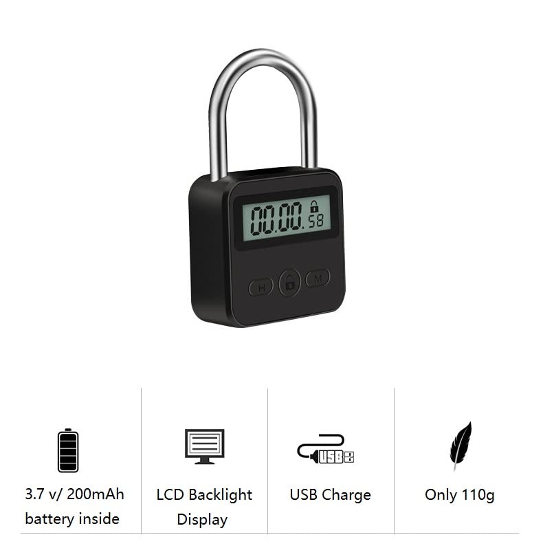 Electronic Time Padlock with LCD Display - USB Rechargeable Metal Timer Lock (Black) - Perfect for Gym Lockers, School Lockers, and Travel Security