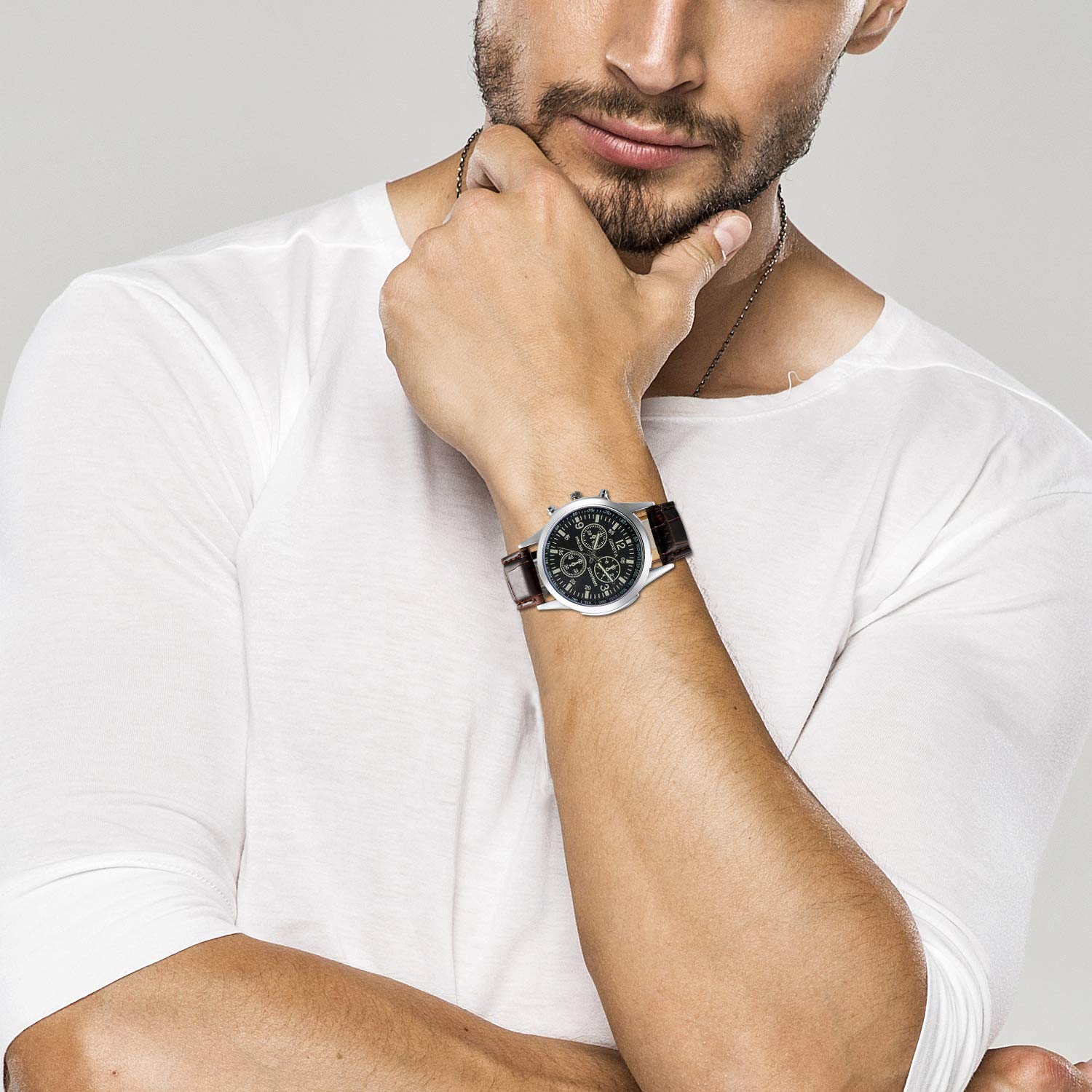 JewelryWe Business Casual Men's Quartz Watch - Slim Leather Strap Analog Wristwatch for Office & Formal Wear - Perfect for Professionals, Gifts, and Everyday Use