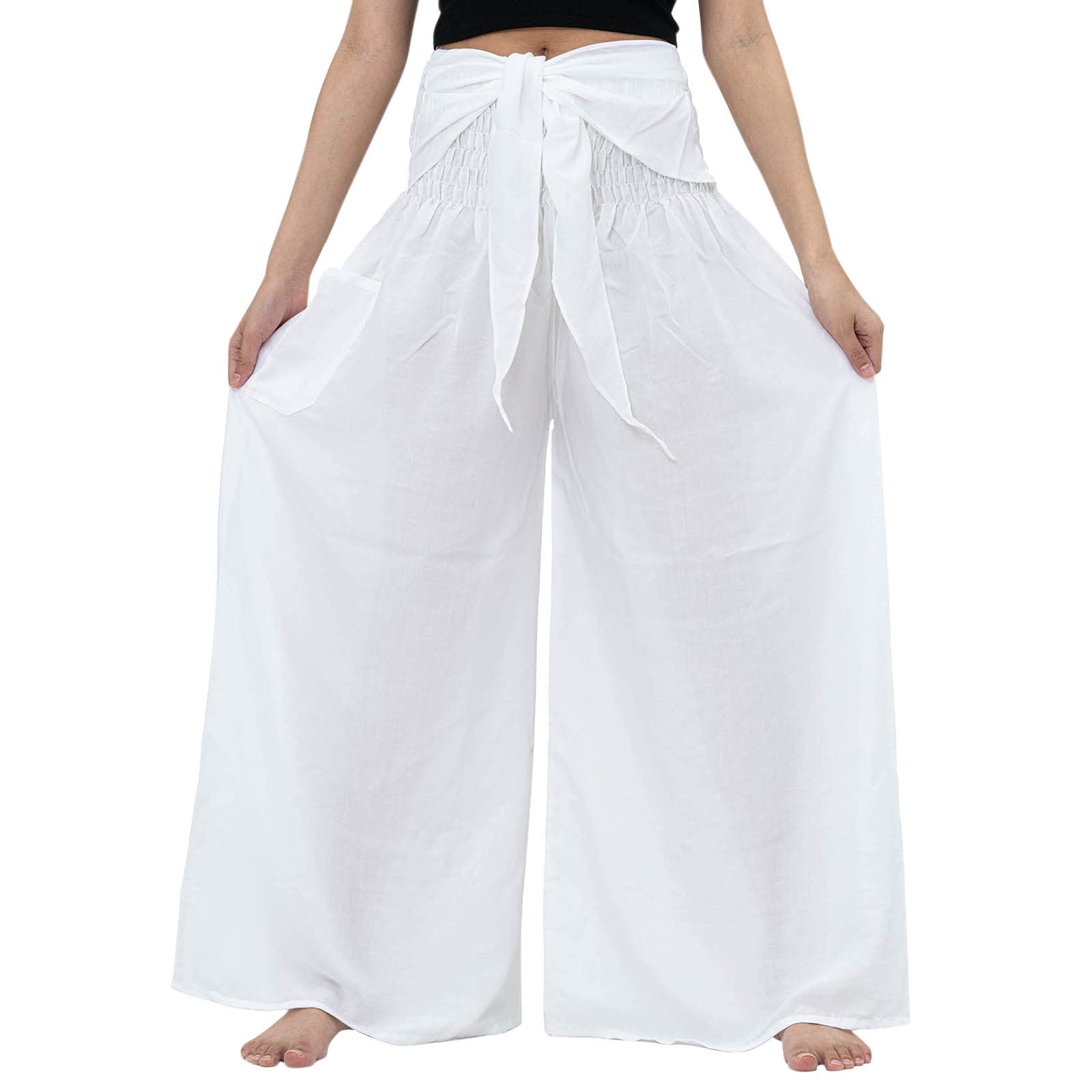Gibobby Women's Linen Pants - White Cotton Pull-On Drawstring Summer Beach Leggings | Comfortable Casual Wear for Yoga, Travel & Outdoor Activities