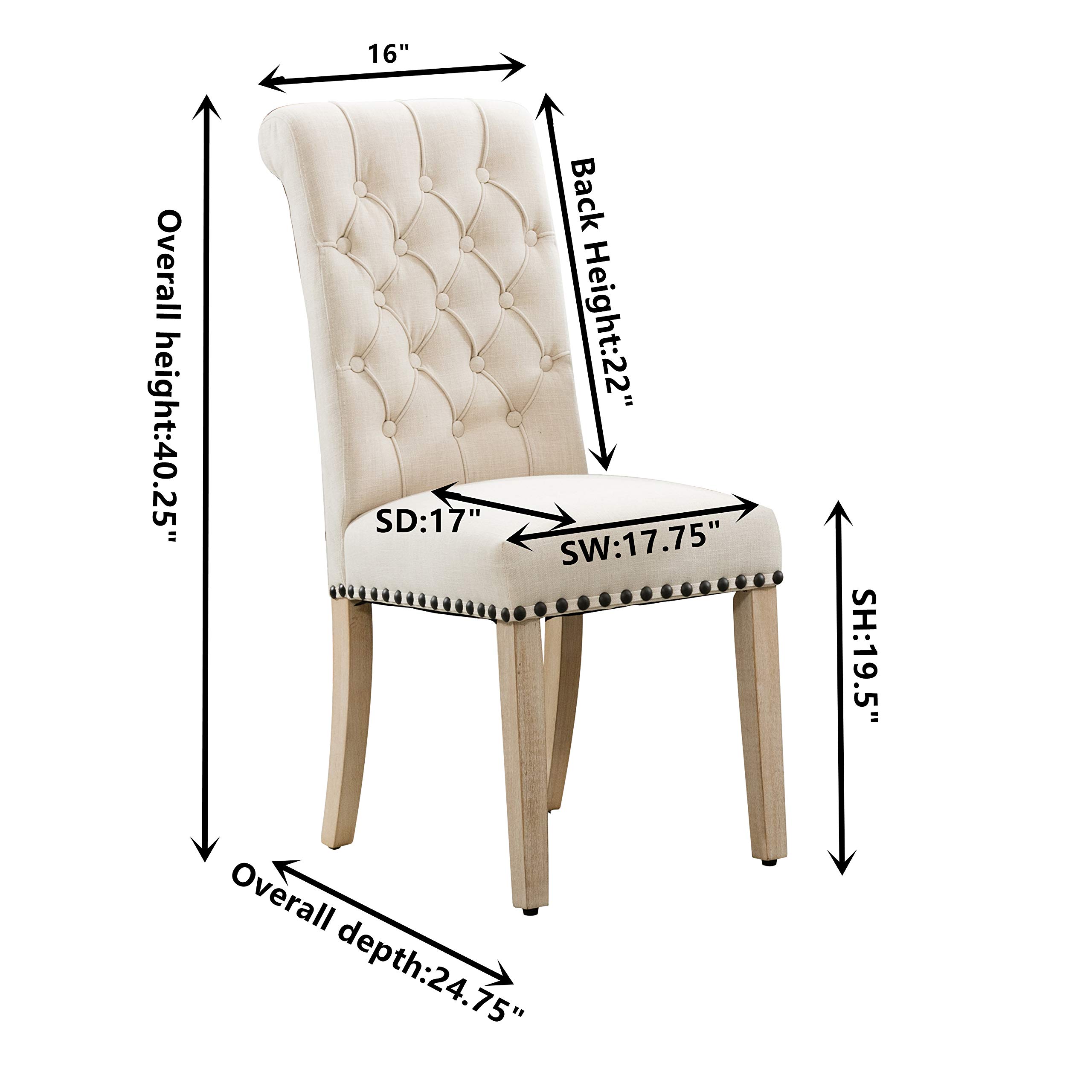 Premium Linen Dining Chairs Set of 2 - Thick Tufted Upholstery with Antique Brass Nail Trim - Elegant Beige Kitchen Chairs for Dining Room, Breakfast Nook & Farmhouse Decor