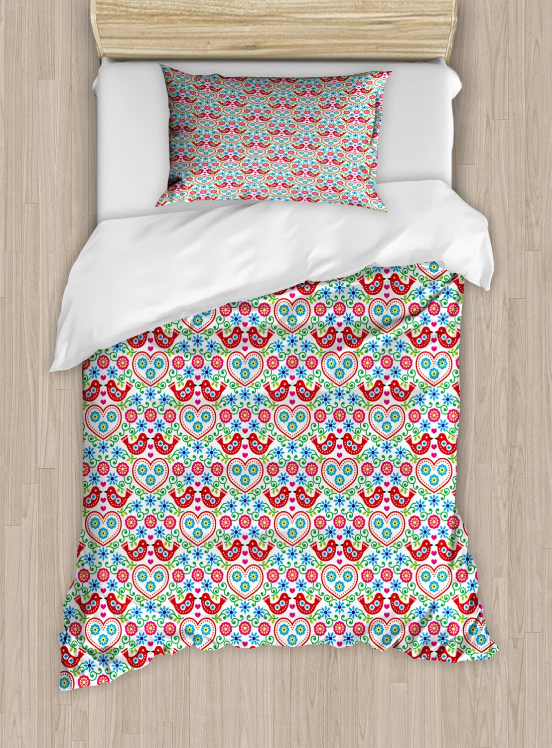 Ambesonne Folk Art Duvet Cover Set - Traditional Floral Pattern with Curly Peduncles, Birds & Hearts - 2-Piece Twin Size Bedding Set (Includes 2 Duvet Covers & 2 Pillowcases) - Vibrant Multicolor Design for Bohemian & Country Style Bedrooms