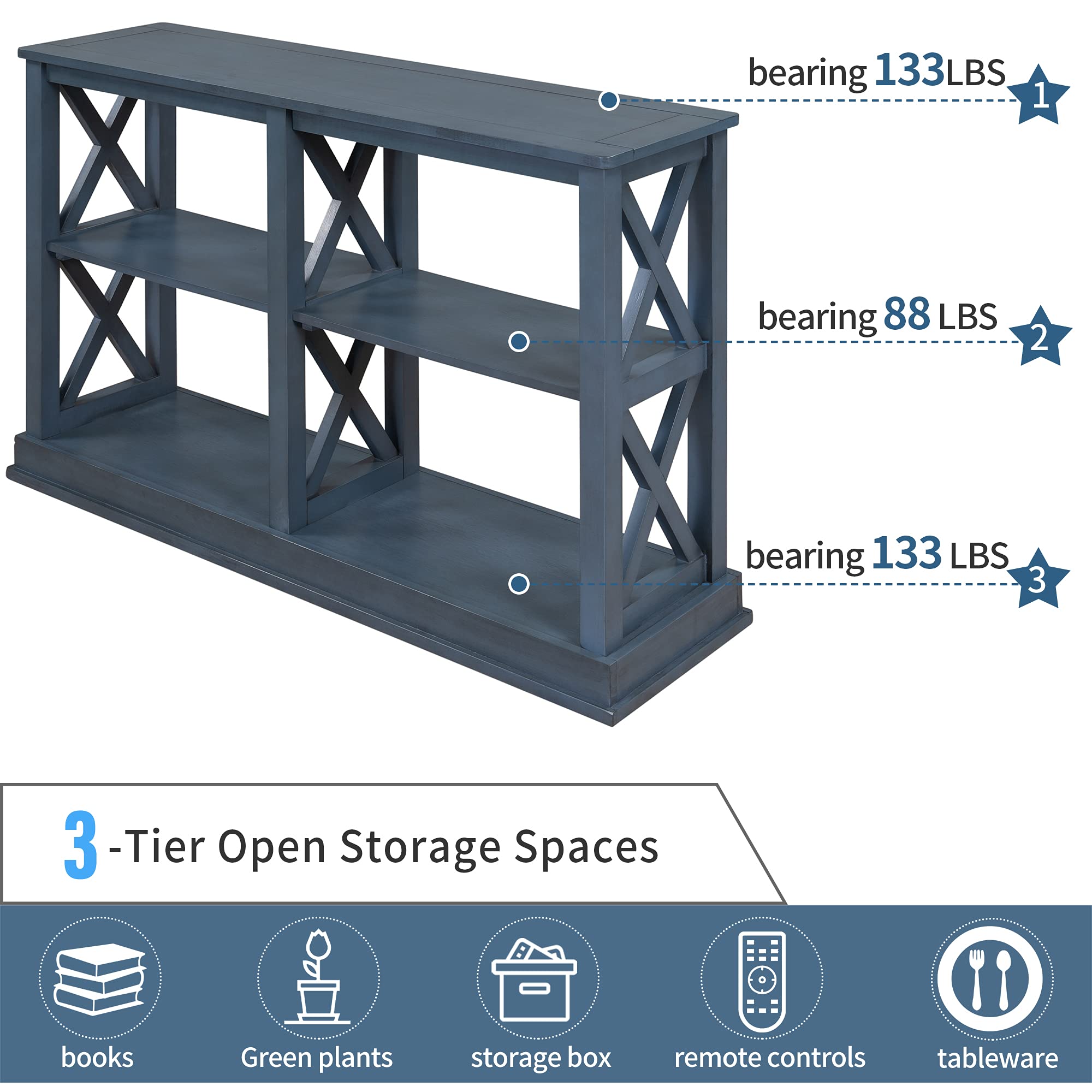 Modern Console Table with 3-Tier Open Storage & X-Shaped Legs - Navy Blue Entryway Table for Living Room, Hallway, Dining Room | Perfect for Home Decor, Small Space Organization & Displaying Decorative Items