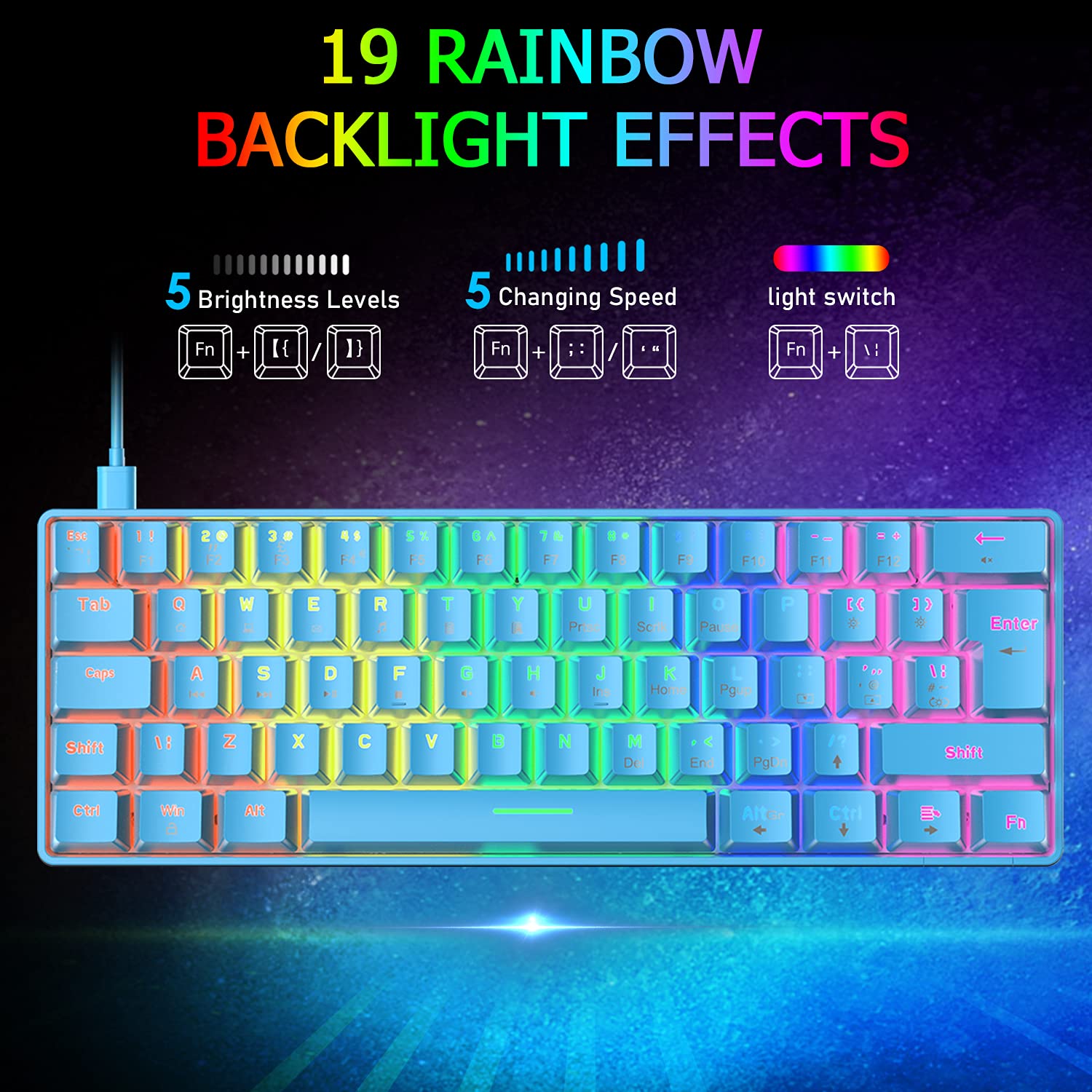 T60 UK Layout 60% Wired Mechanical Gaming Keyboard - Blue Switch, 62 Keys, RGB Backlit, Anti-Ghosting | Compact & Portable for PC, Laptop | Perfect for Gamers, Programmers & Office Typists (Blue/Red Switch Options)