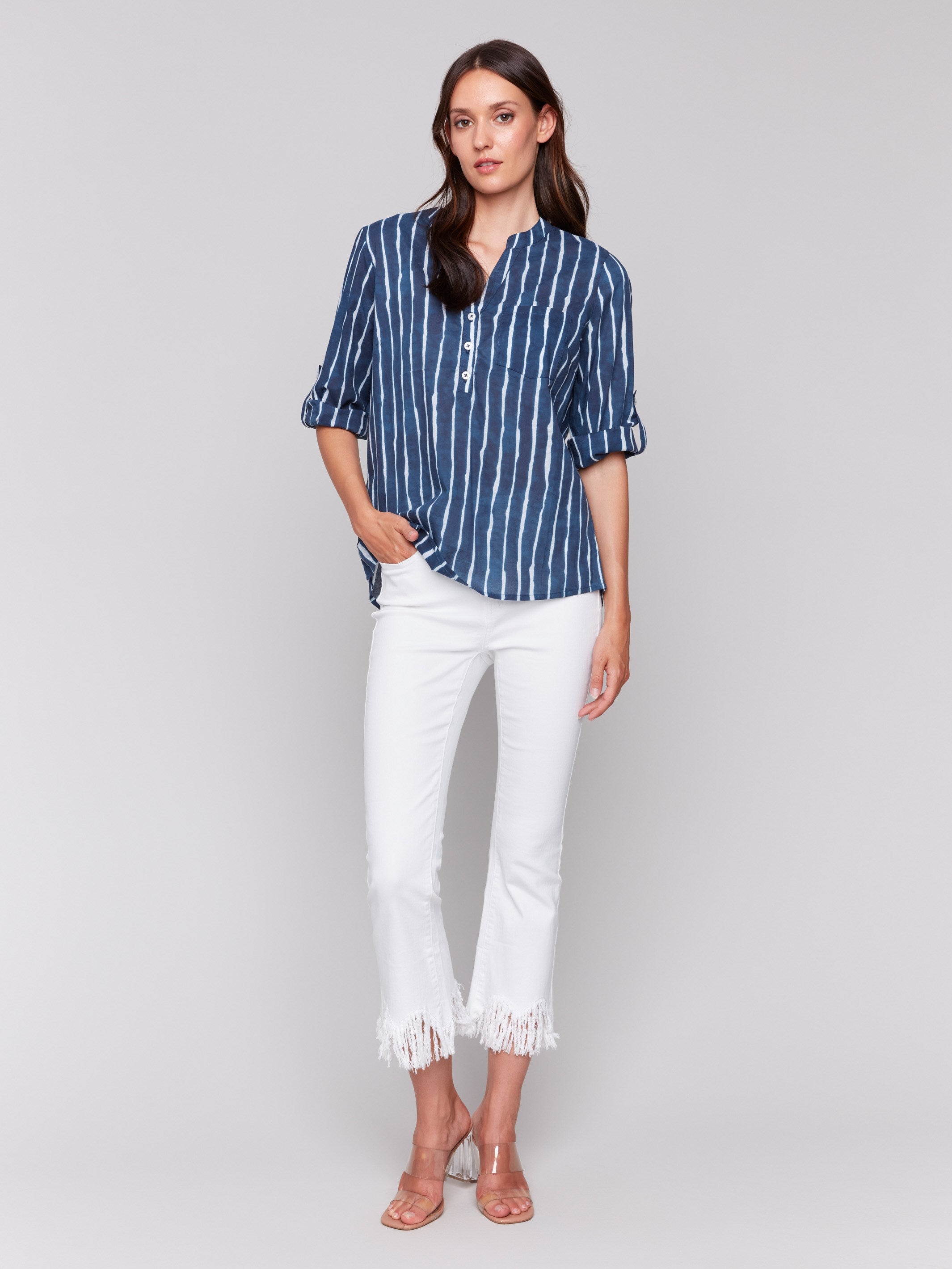 Stylish Printed Cotton Half Button Blouse in Indigo - Perfect for Casual Outings & Office Wear