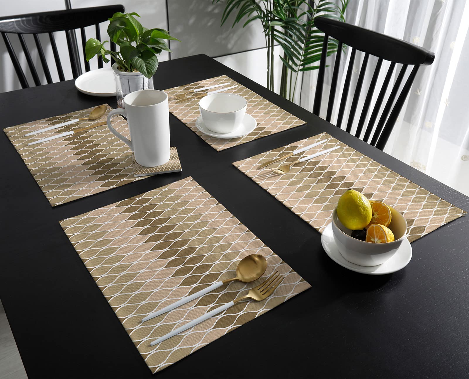 Yun Nist Set of 6 Geometric Brown Textured Placemats - Waterproof Table Mats with Retro Stripes for Dining Tables, Holiday Parties & Kitchen Decor - Perfect for Everyday Meals, Dinner Parties & Home Styling
