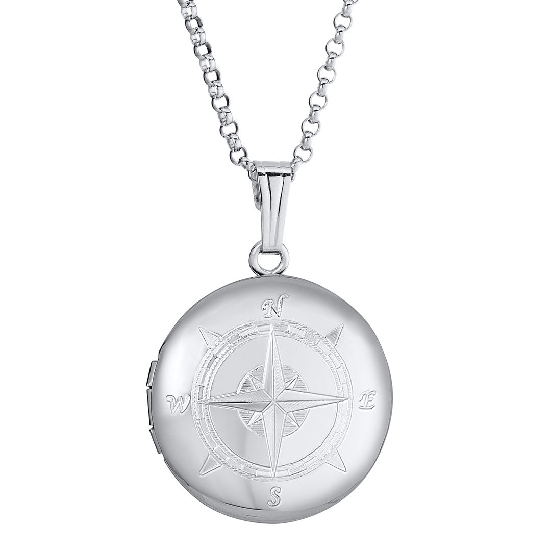 Sterling Silver 19mm Round Compass Locket Necklace - Vintage Nautical Jewelry for Women - Perfect for Travel, Adventure & Everyday Wear